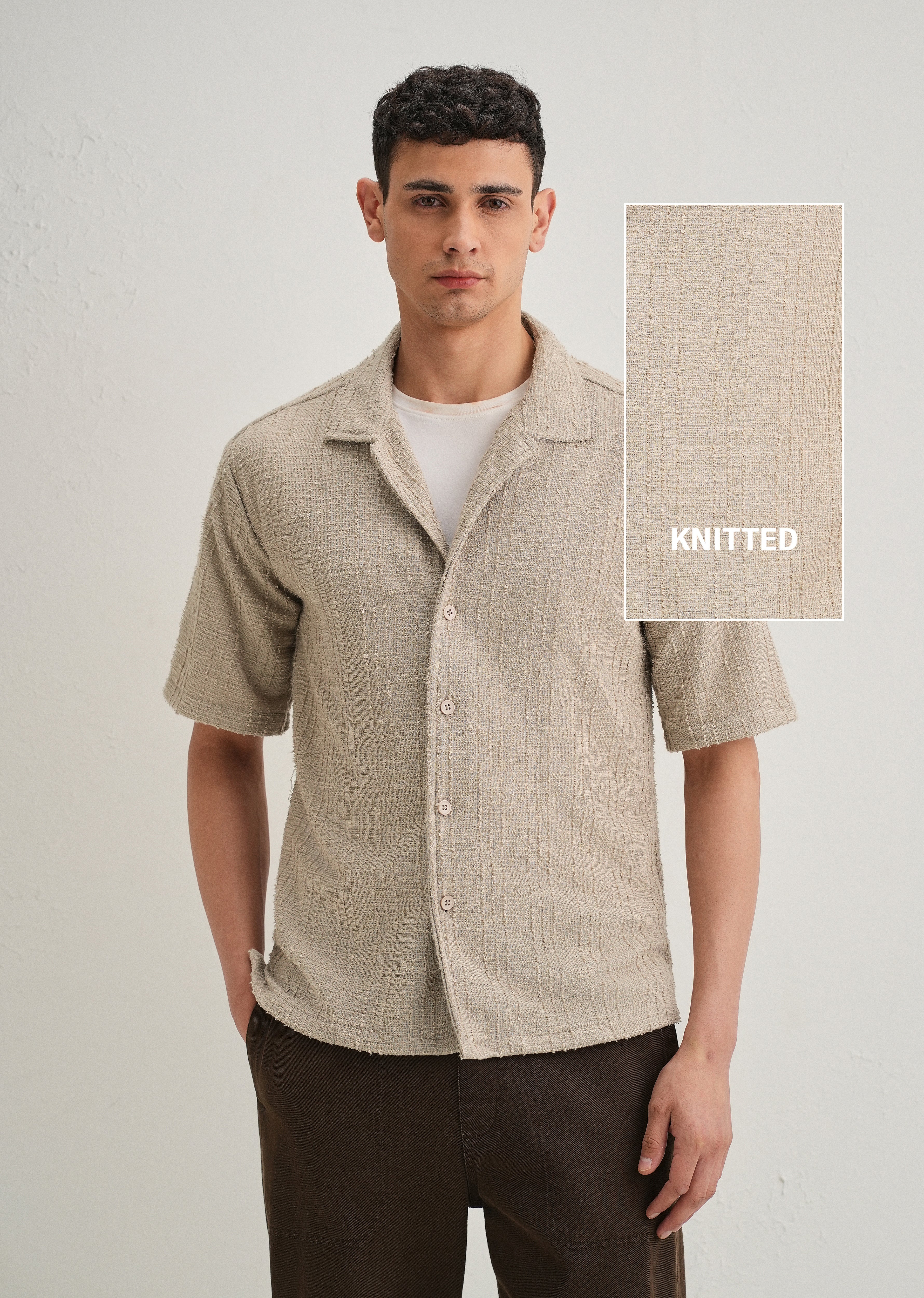 Beige Plain Cuban Collar Knitted Shirt