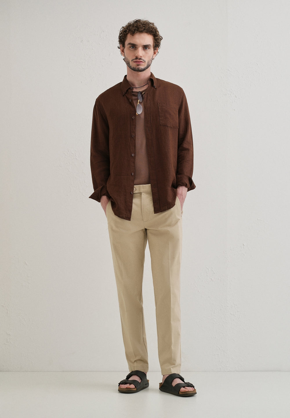 Beige Plain Pleated Chinos