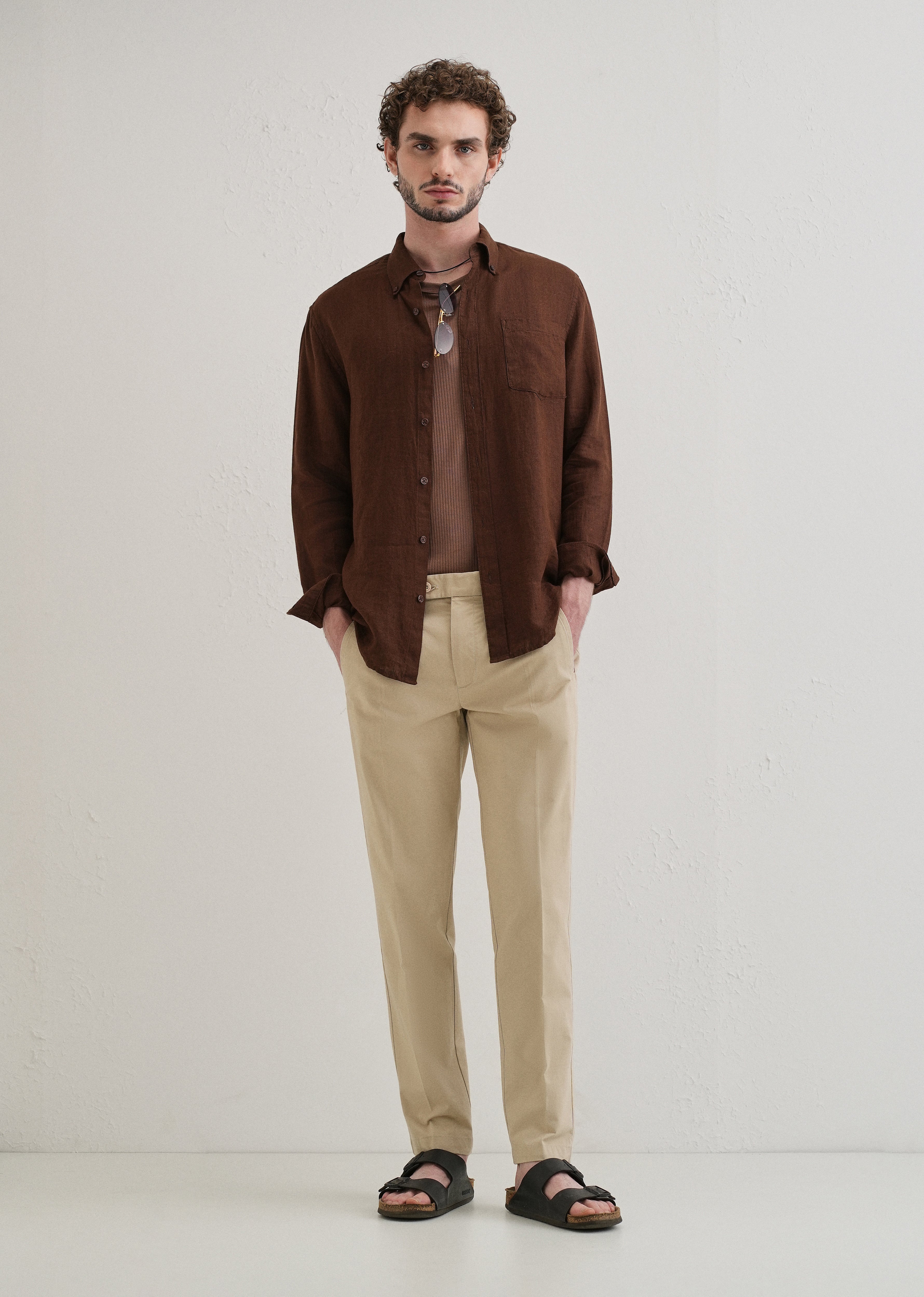Beige Plain Pleated Chinos