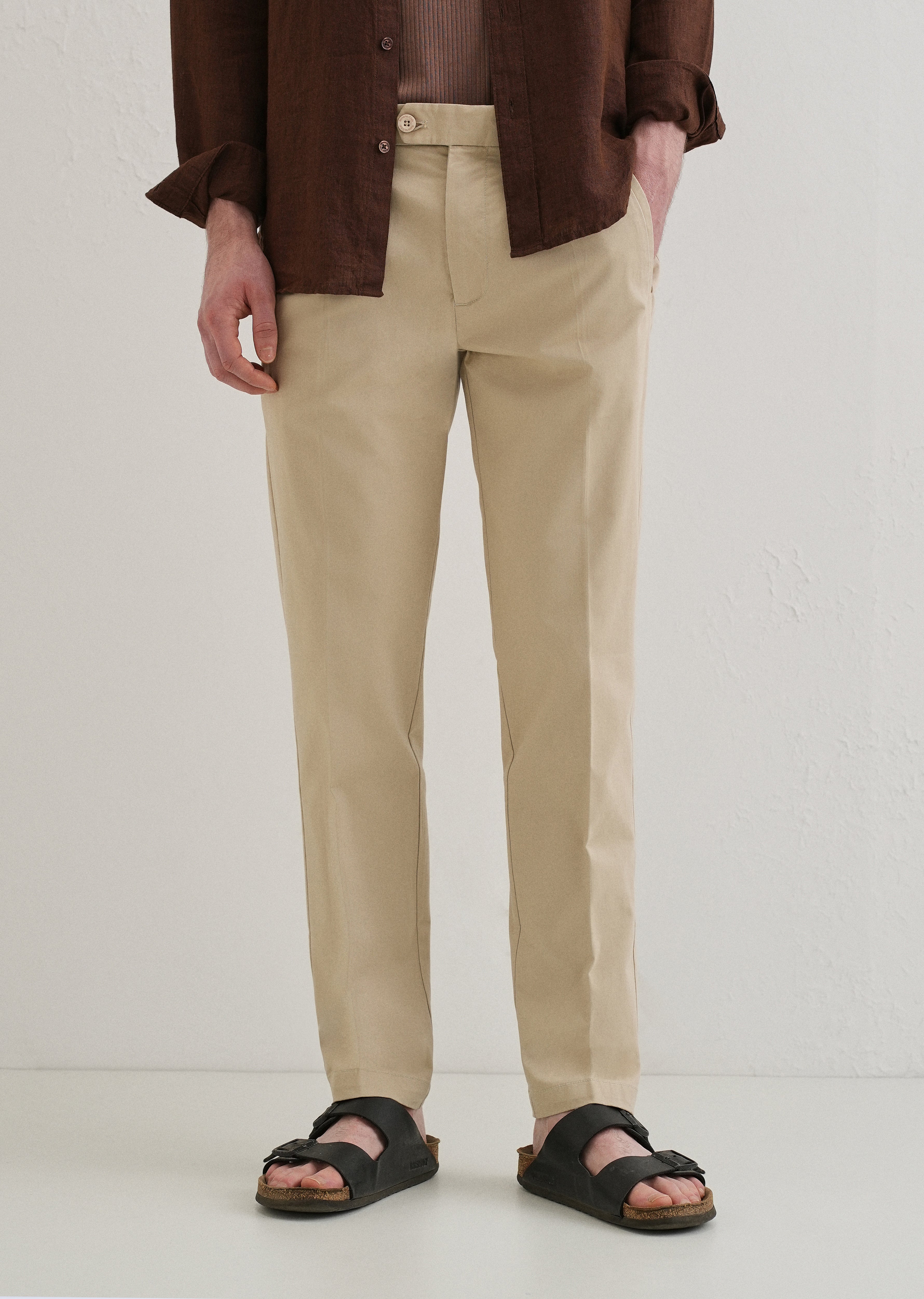 Beige Plain Pleated Chinos