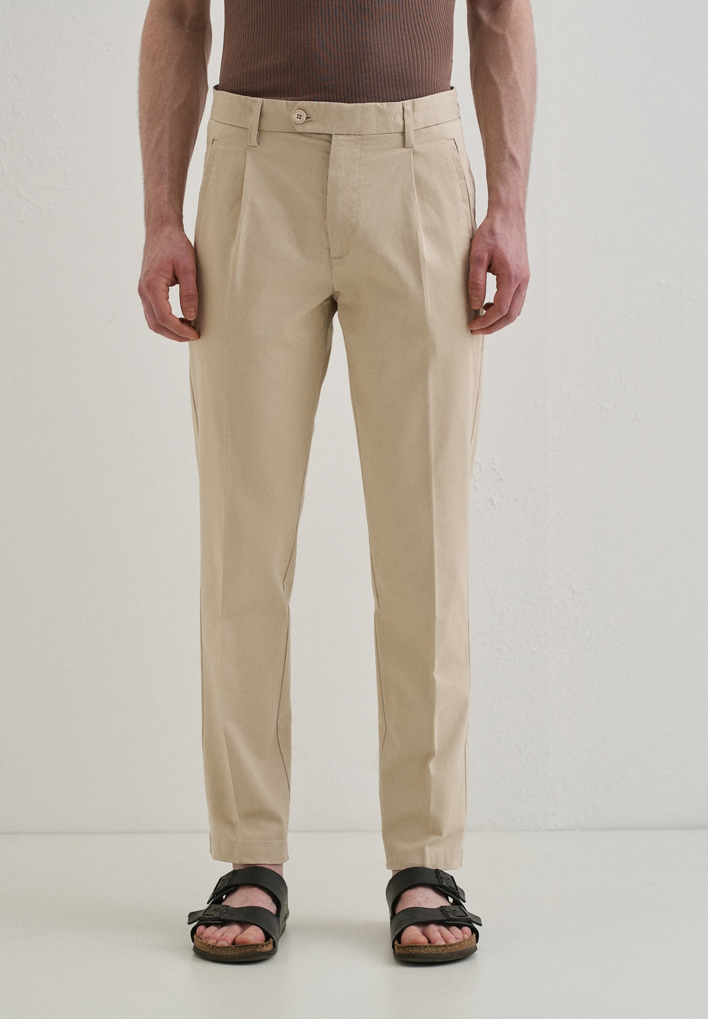 Beige Plain Pleated Chinos