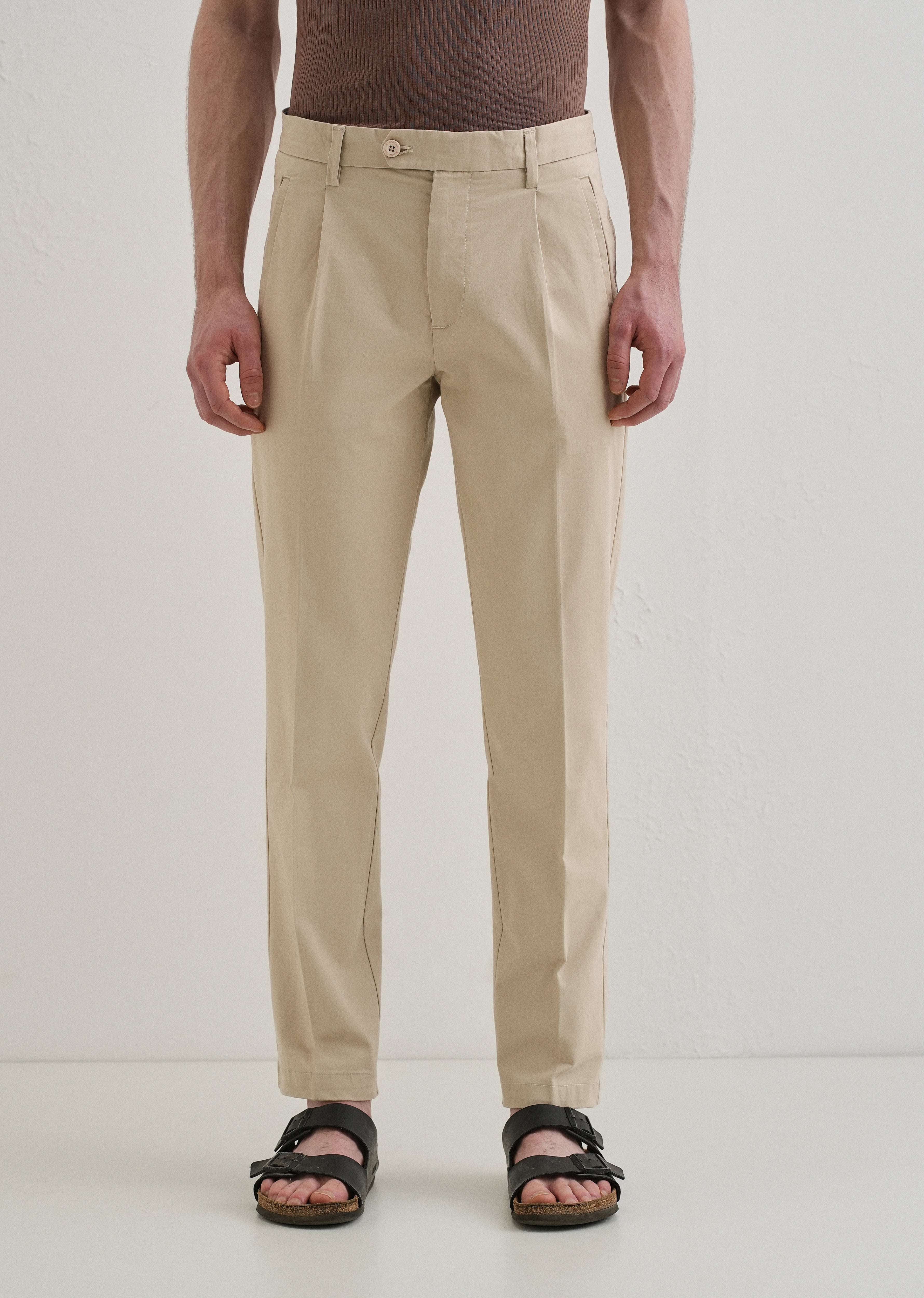 Beige Plain Pleated Chinos