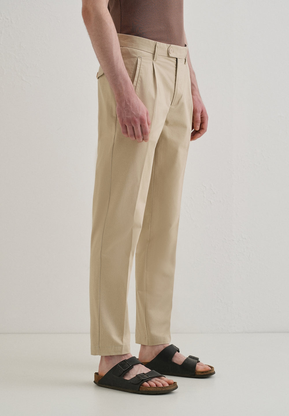 Beige Plain Pleated Chinos