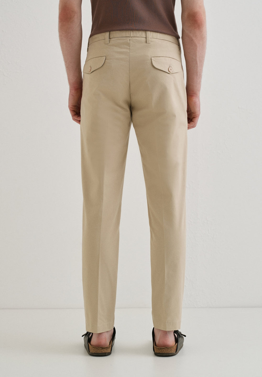 Beige Plain Pleated Chinos