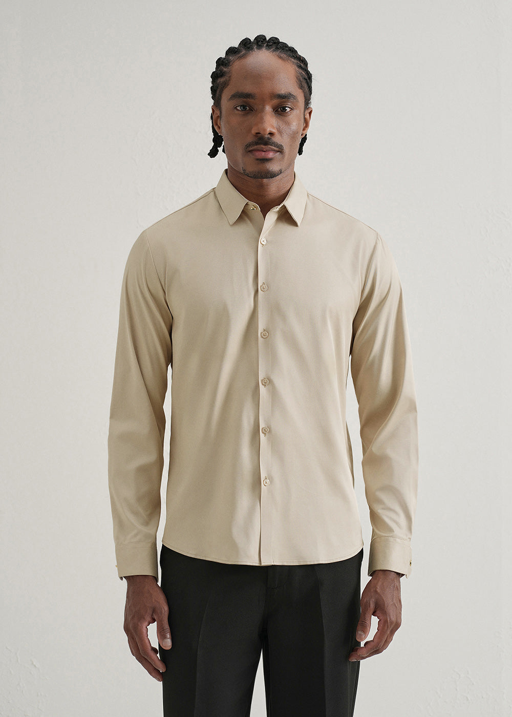 Beige Plain Stitchless Placket Shirt