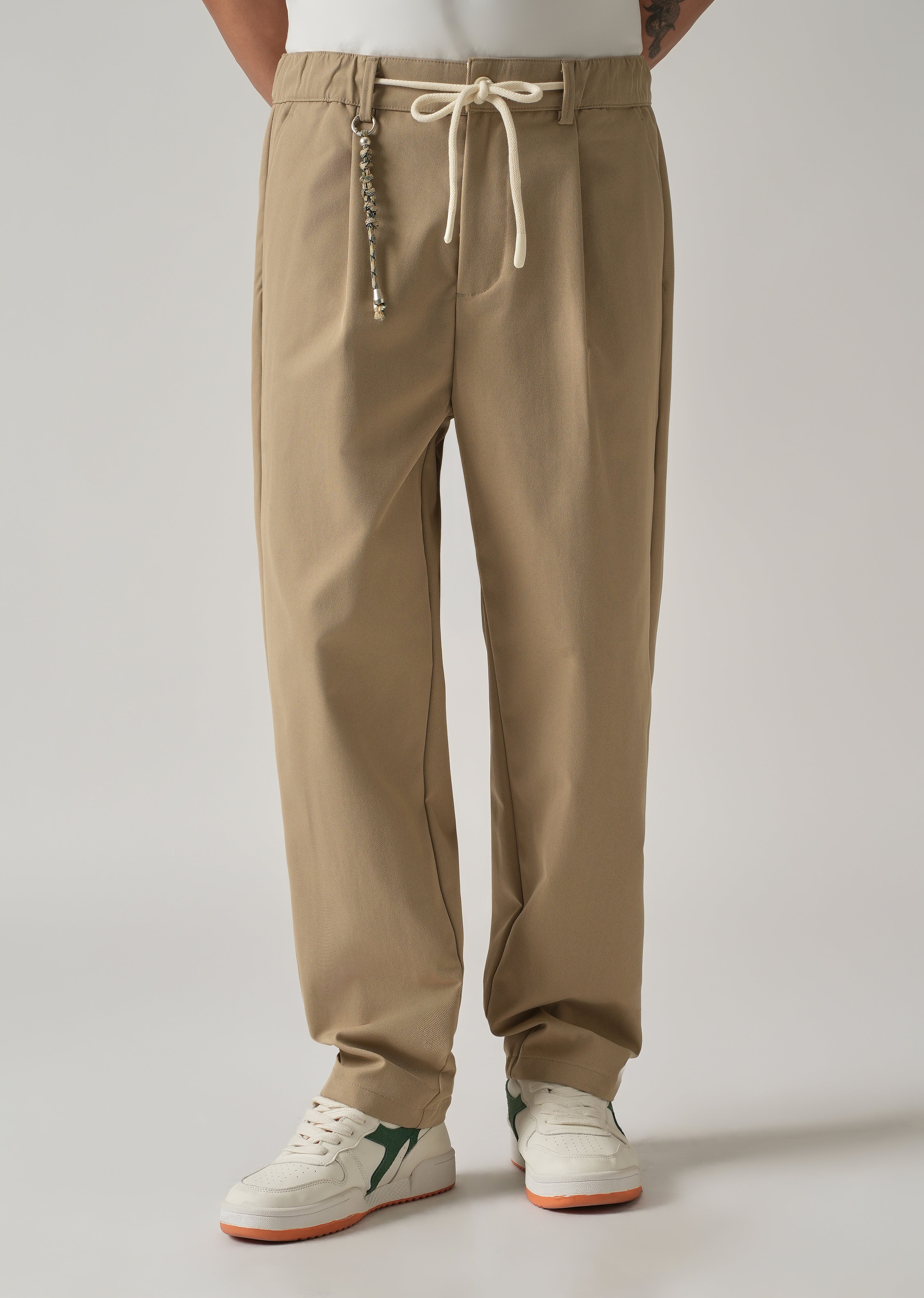 Beige Pleated Drawstring Pant
