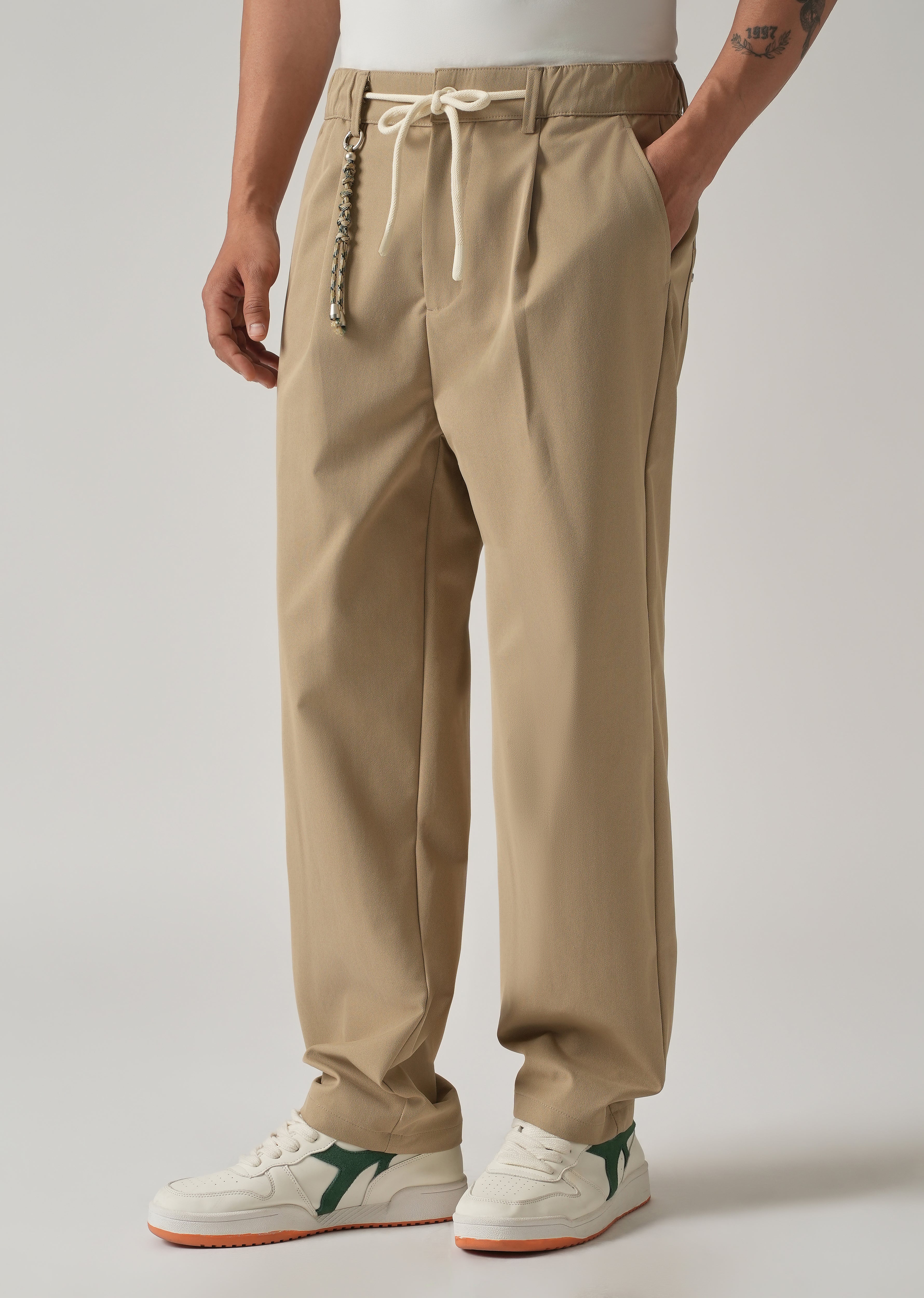 Beige Pleated Drawstring Pant