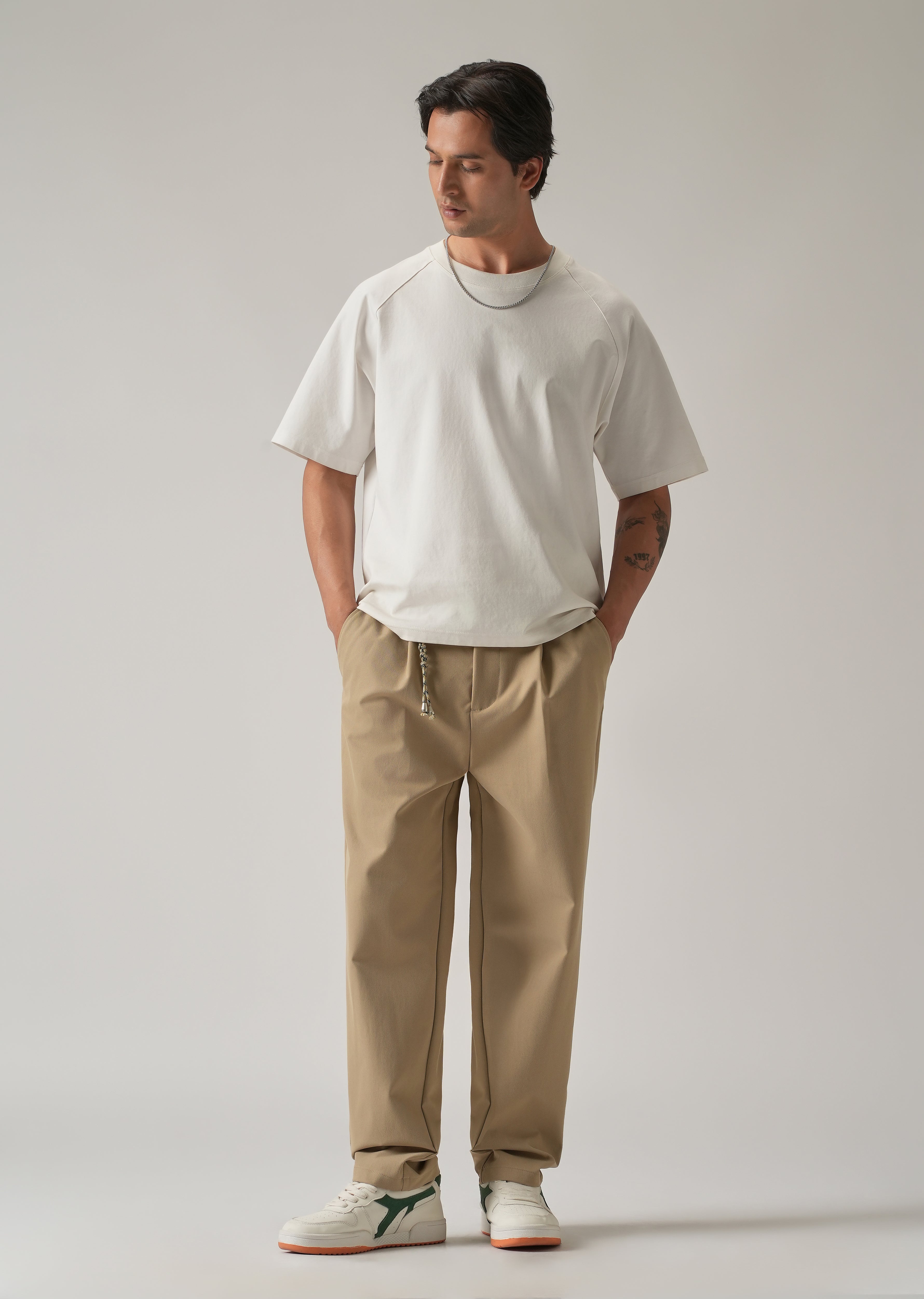 Beige Pleated Drawstring Pant