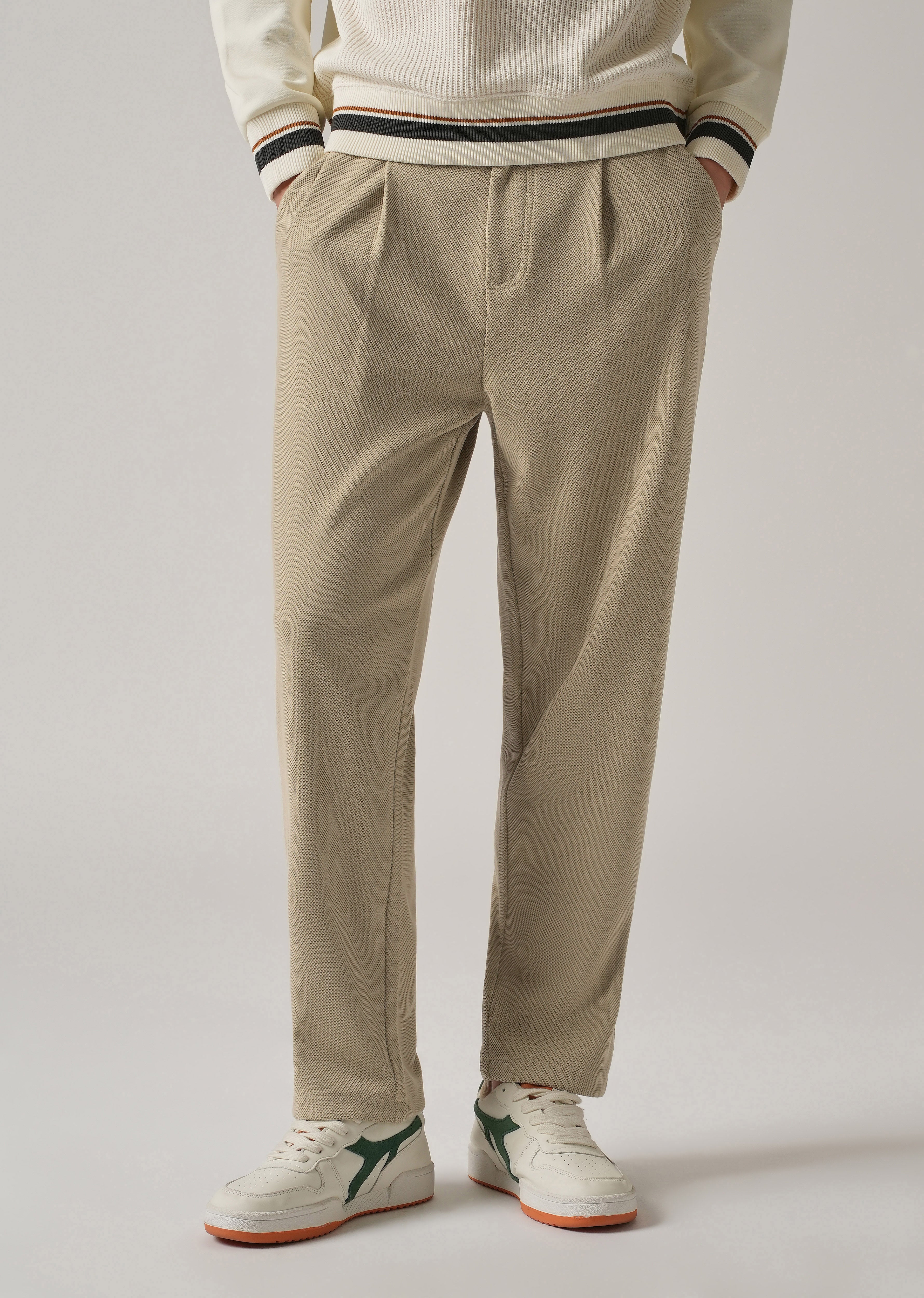 Beige Textured Pleated Relaxed Fit Pant