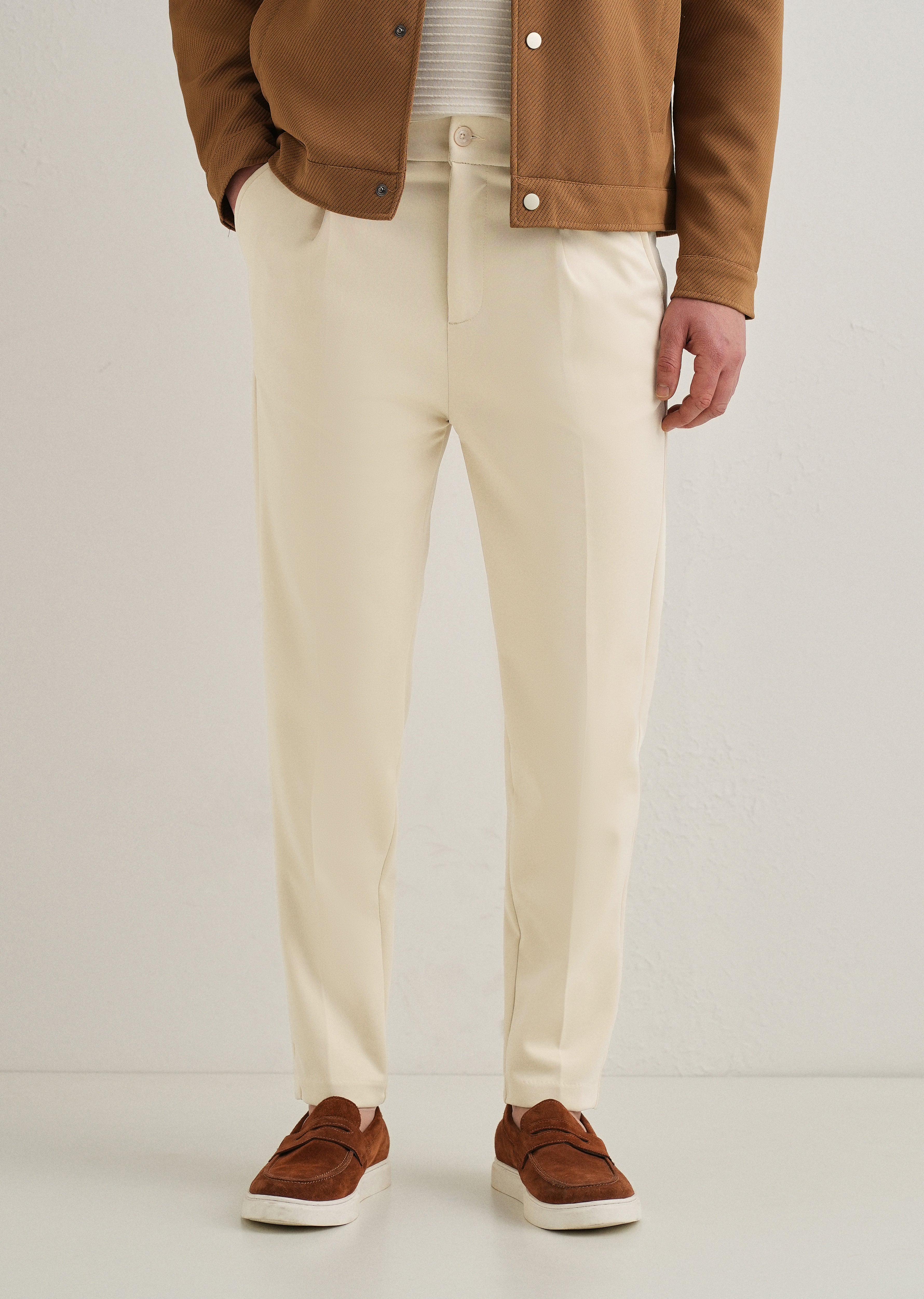 Beige Pleated Relaxed Fit Trousers