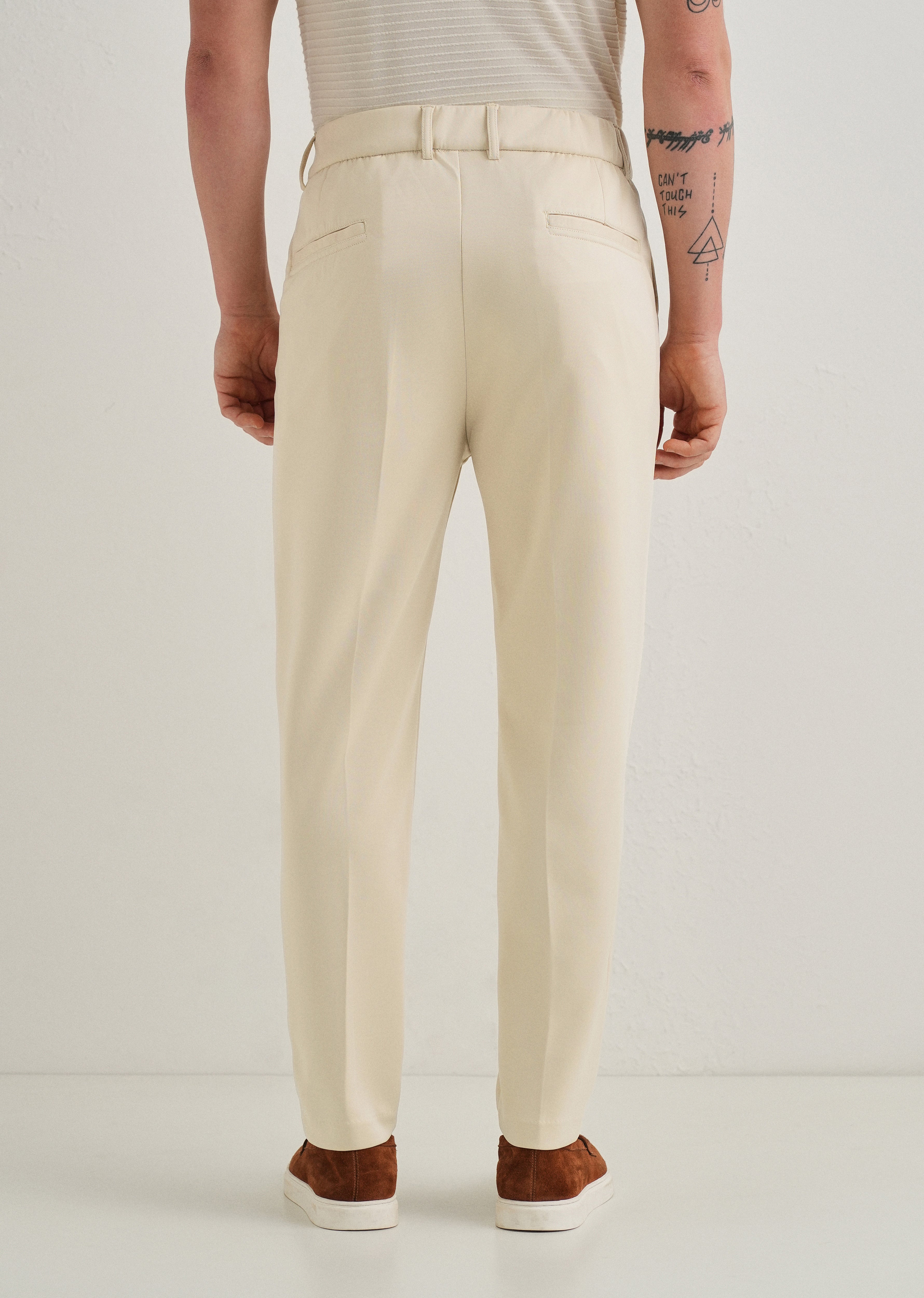 Beige Pleated Relaxed Fit Trousers
