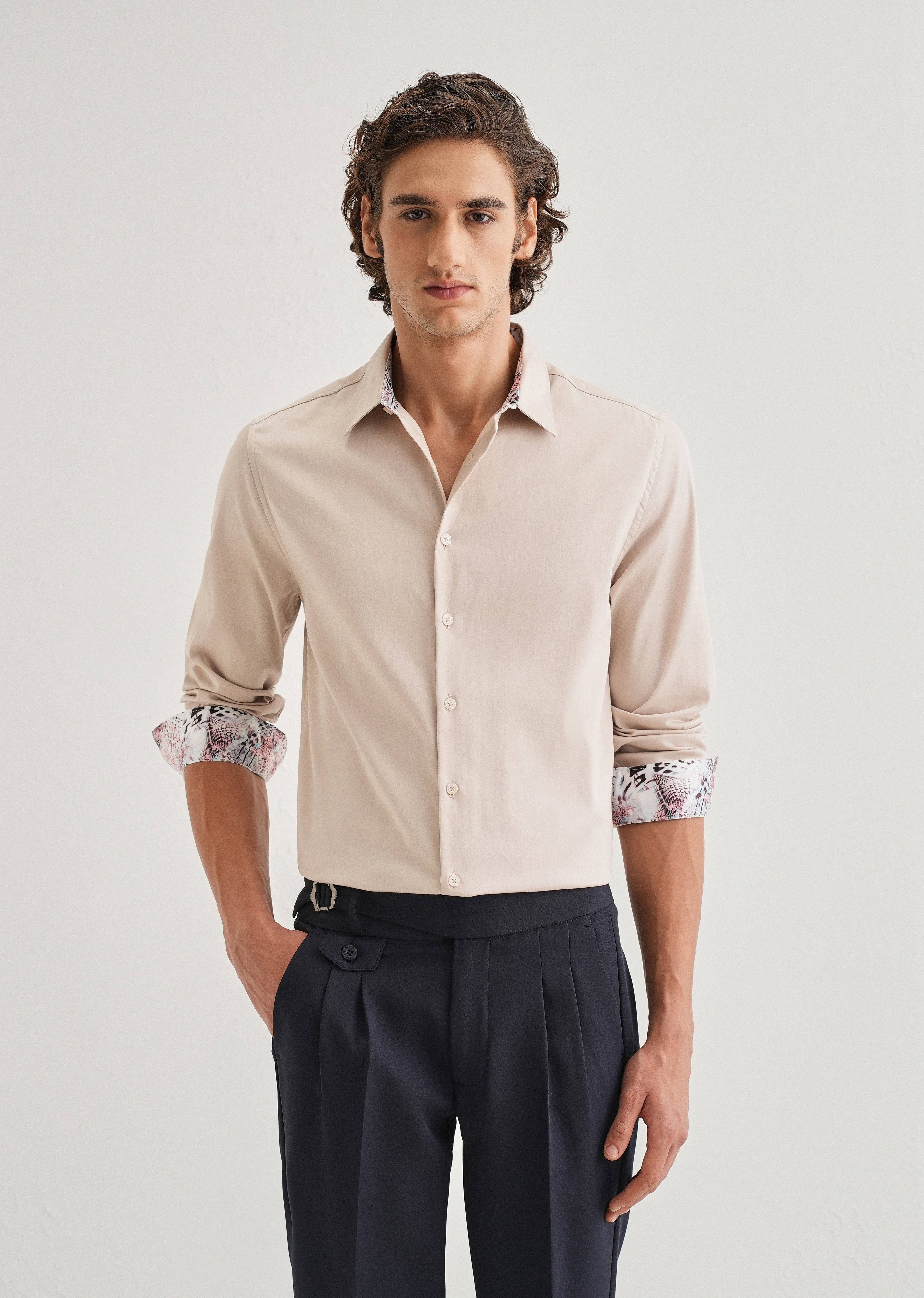 Beige Printed Cuff Shirt