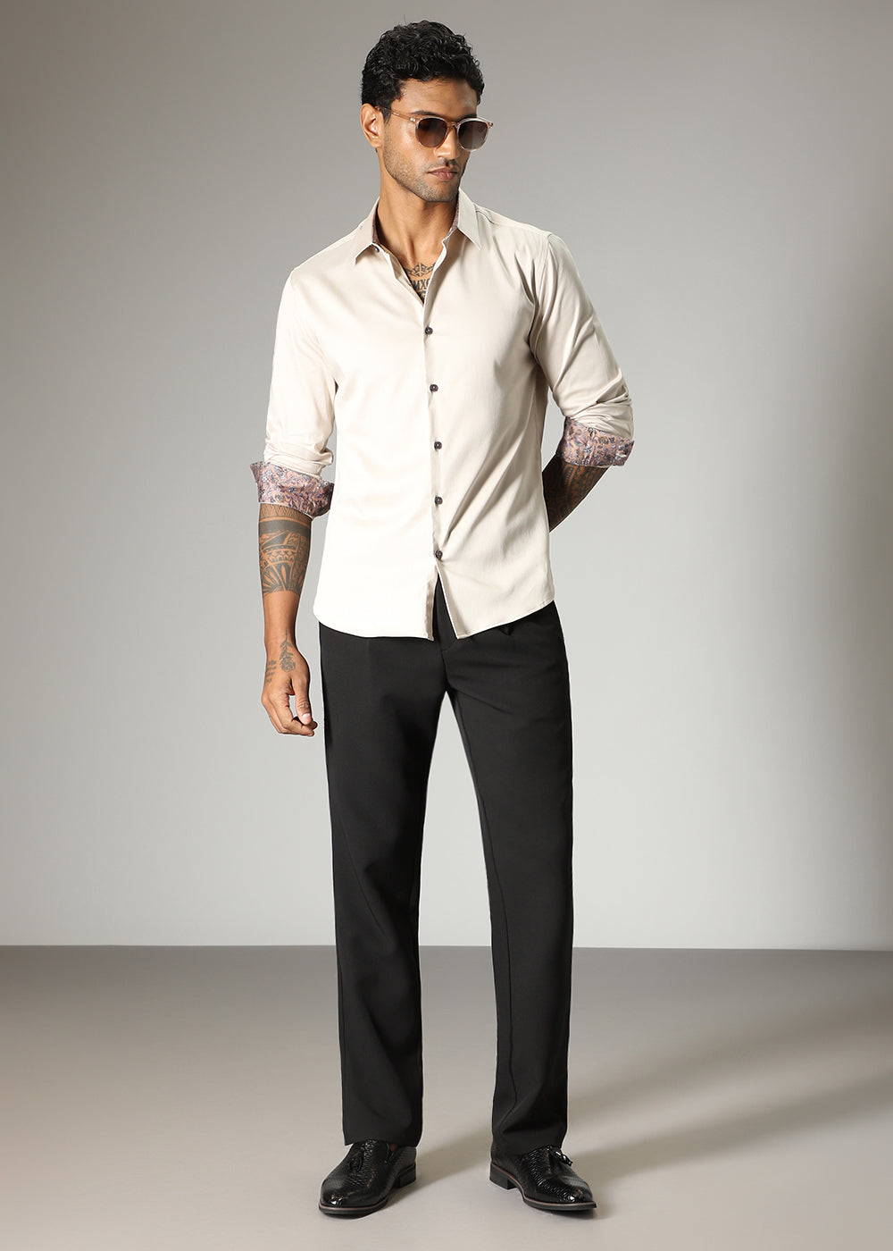 Beige Printed Cuff Shirt