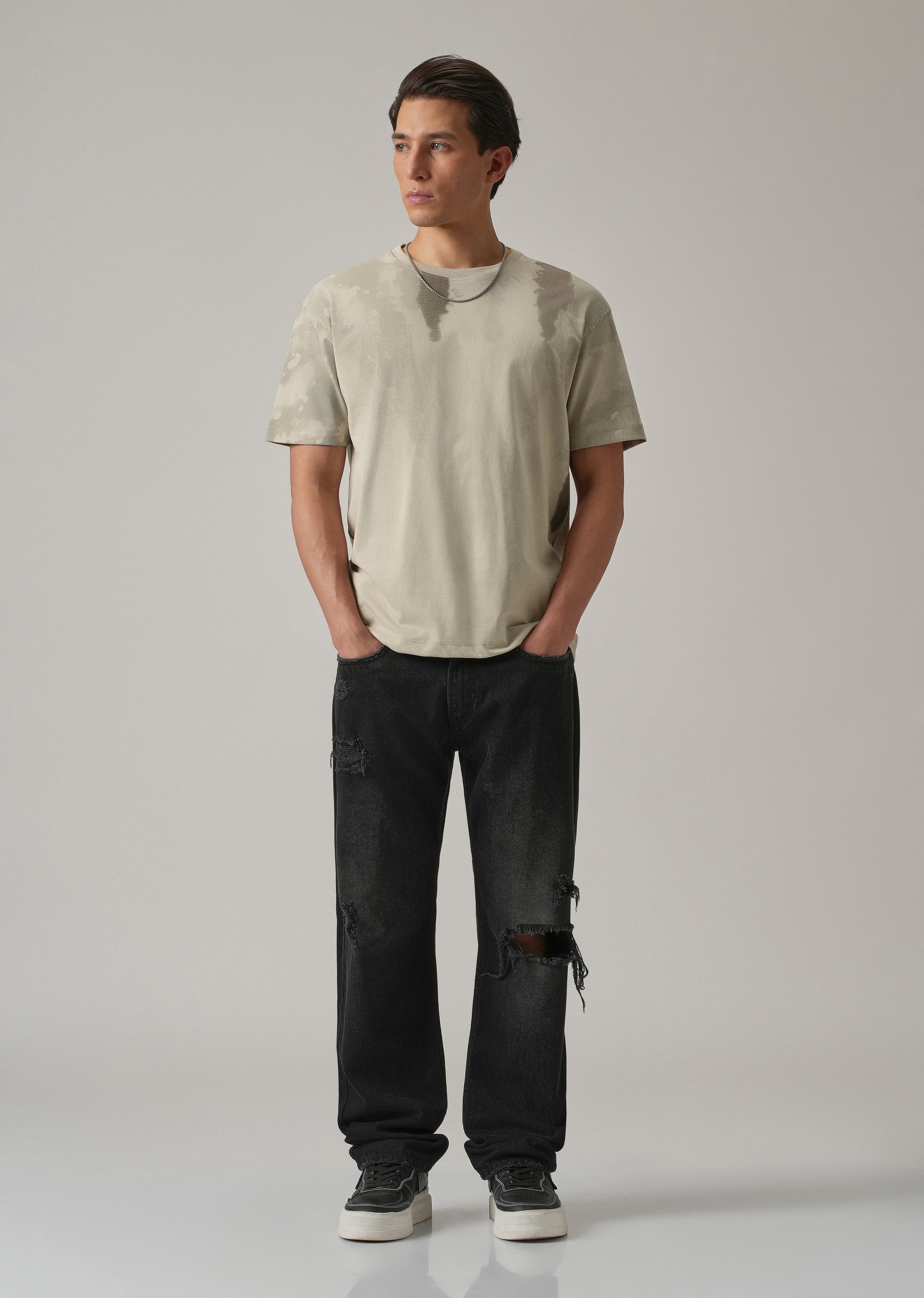 Beige Printed Slim Fit T-Shirt