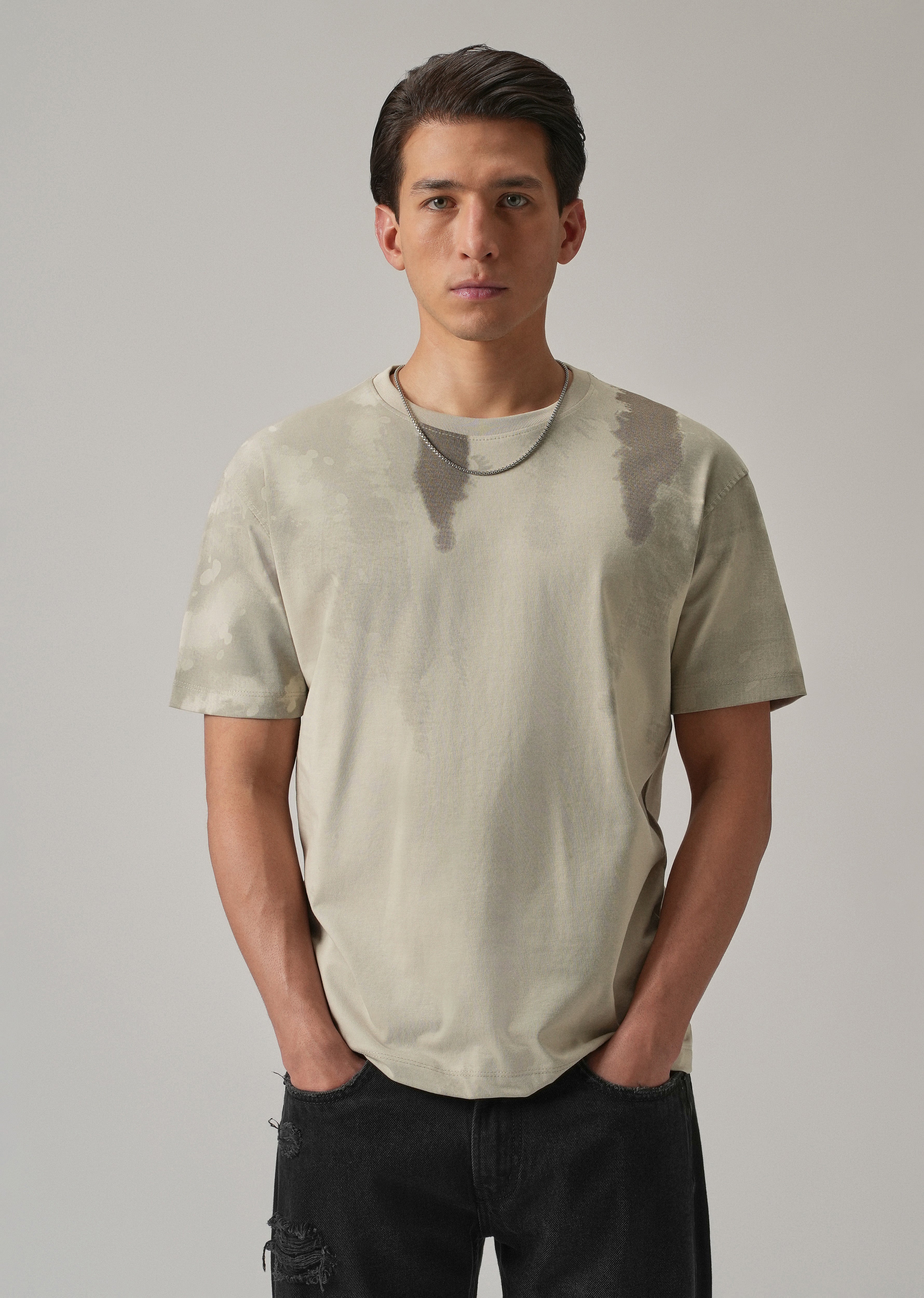 Beige Printed Slim Fit T-Shirt