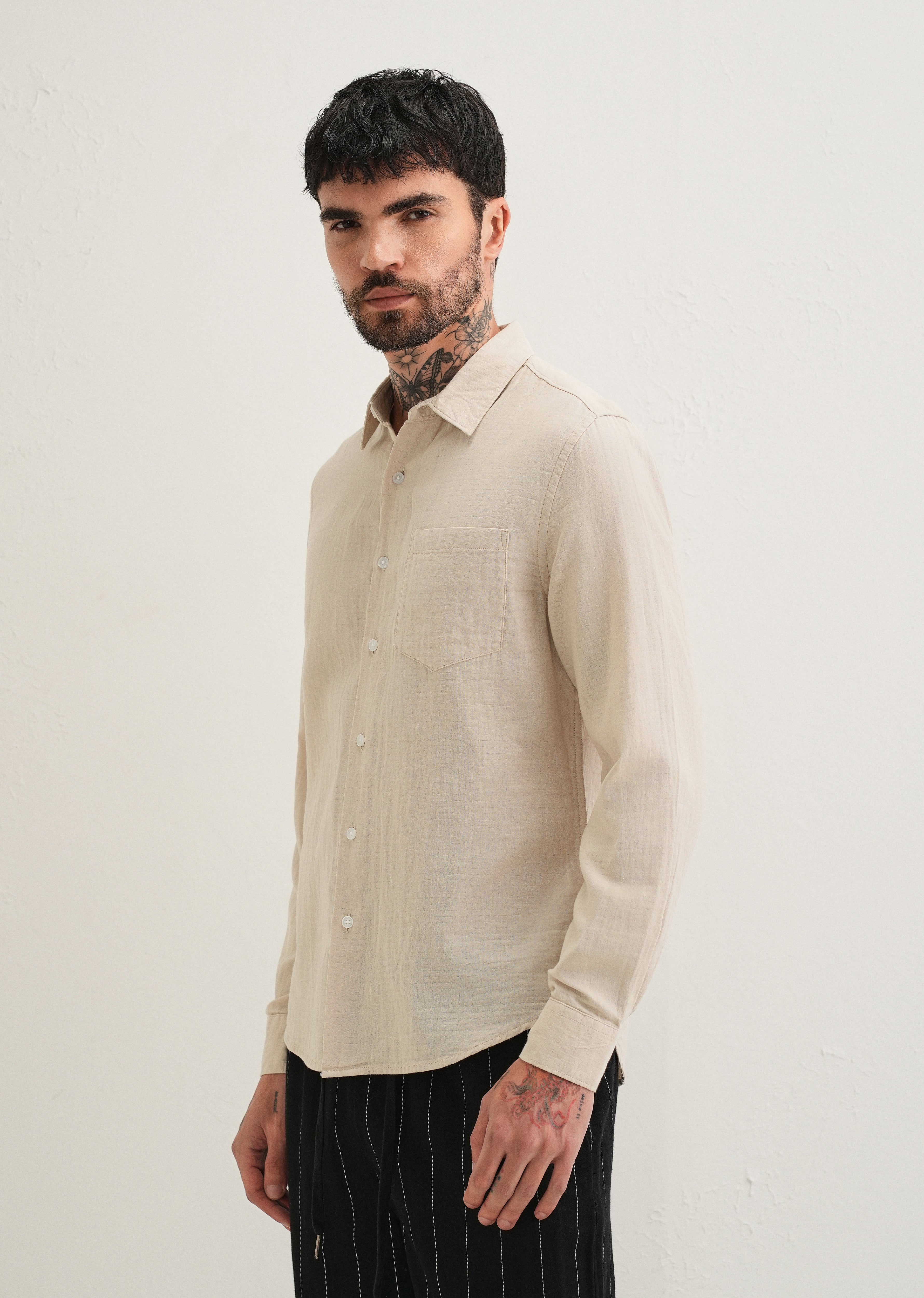 Beige Pure Cotton Stitchless Placket Shirt