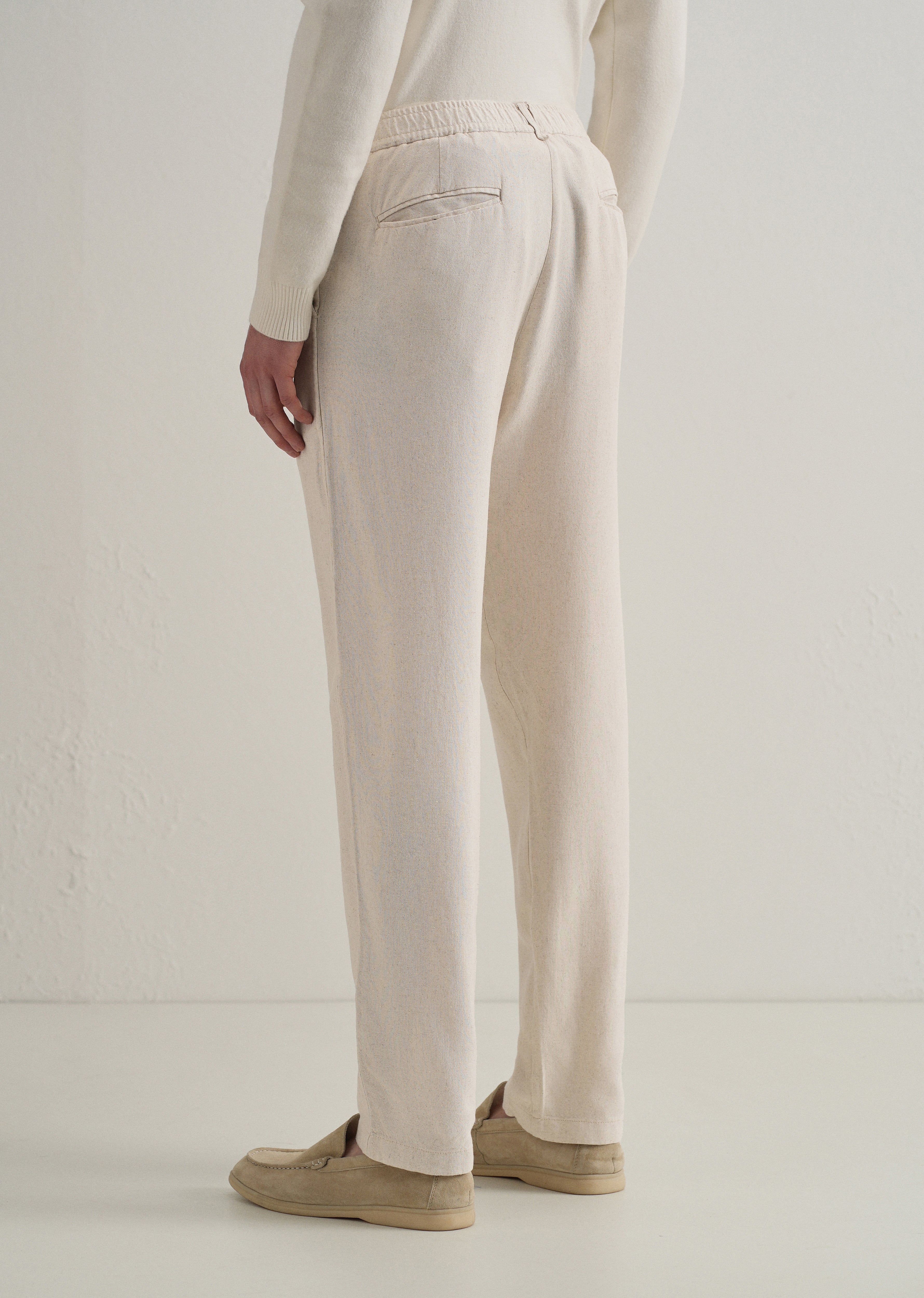 Beige Relaxed Fit Blended Linen Trouser
