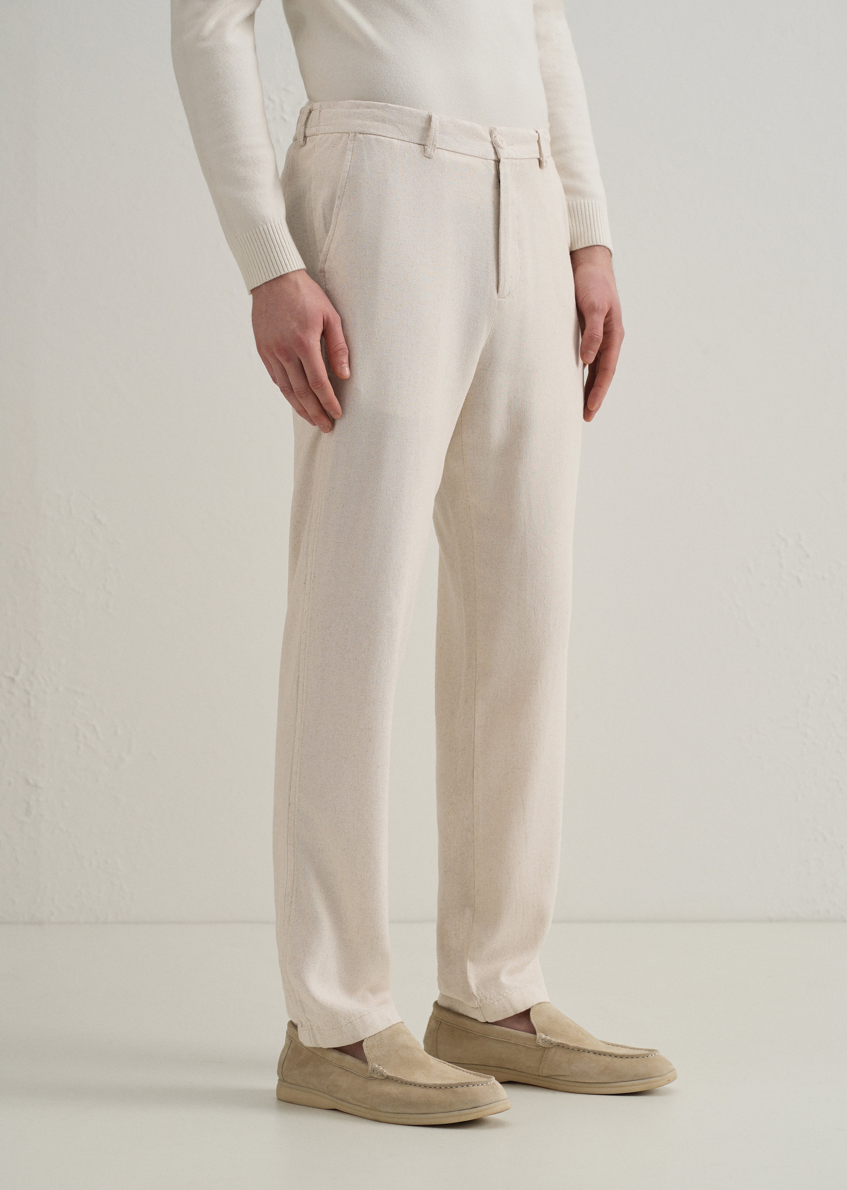Beige Relaxed Fit Blended Linen Trouser