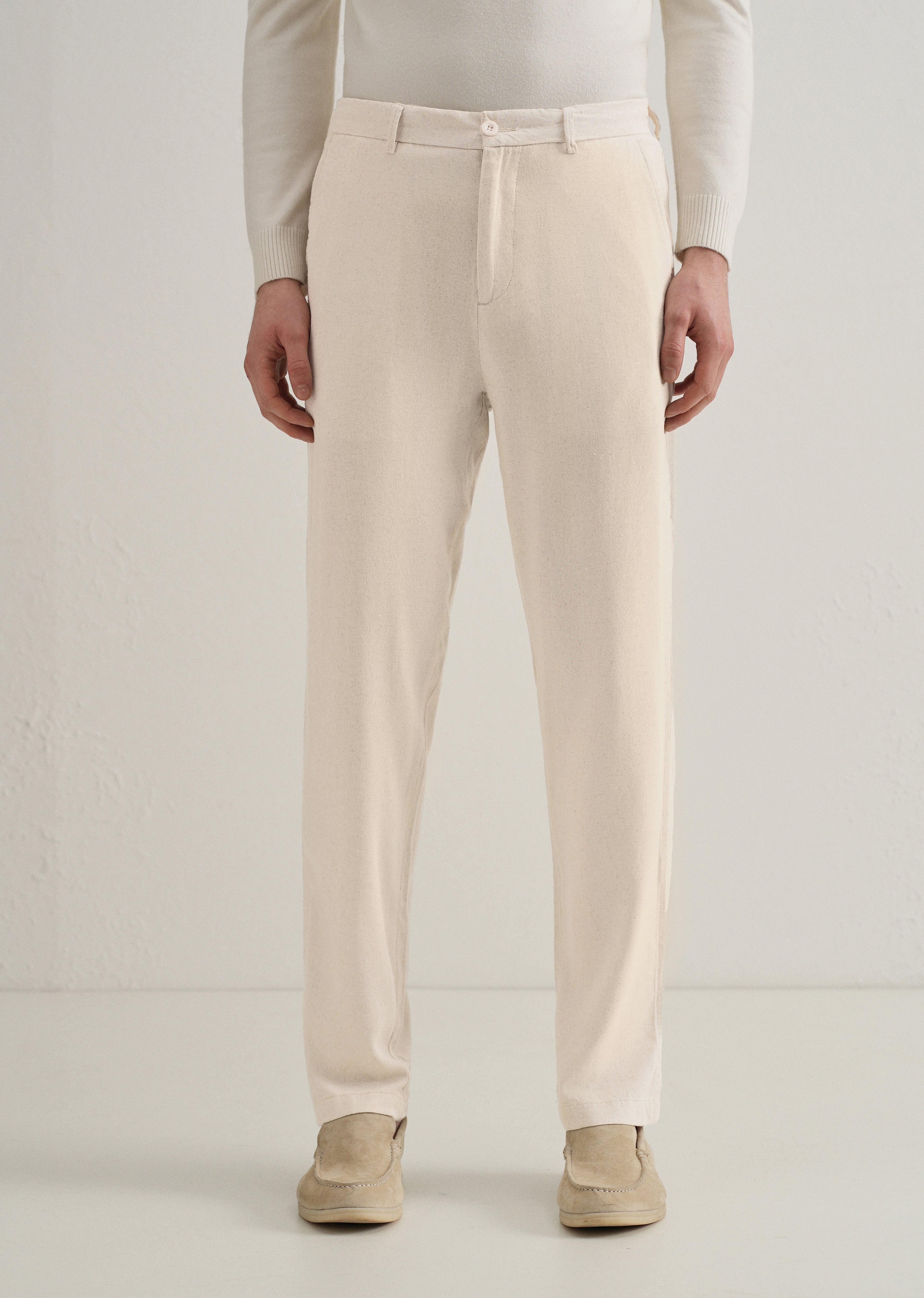 Beige Relaxed Fit Blended Linen Trouser