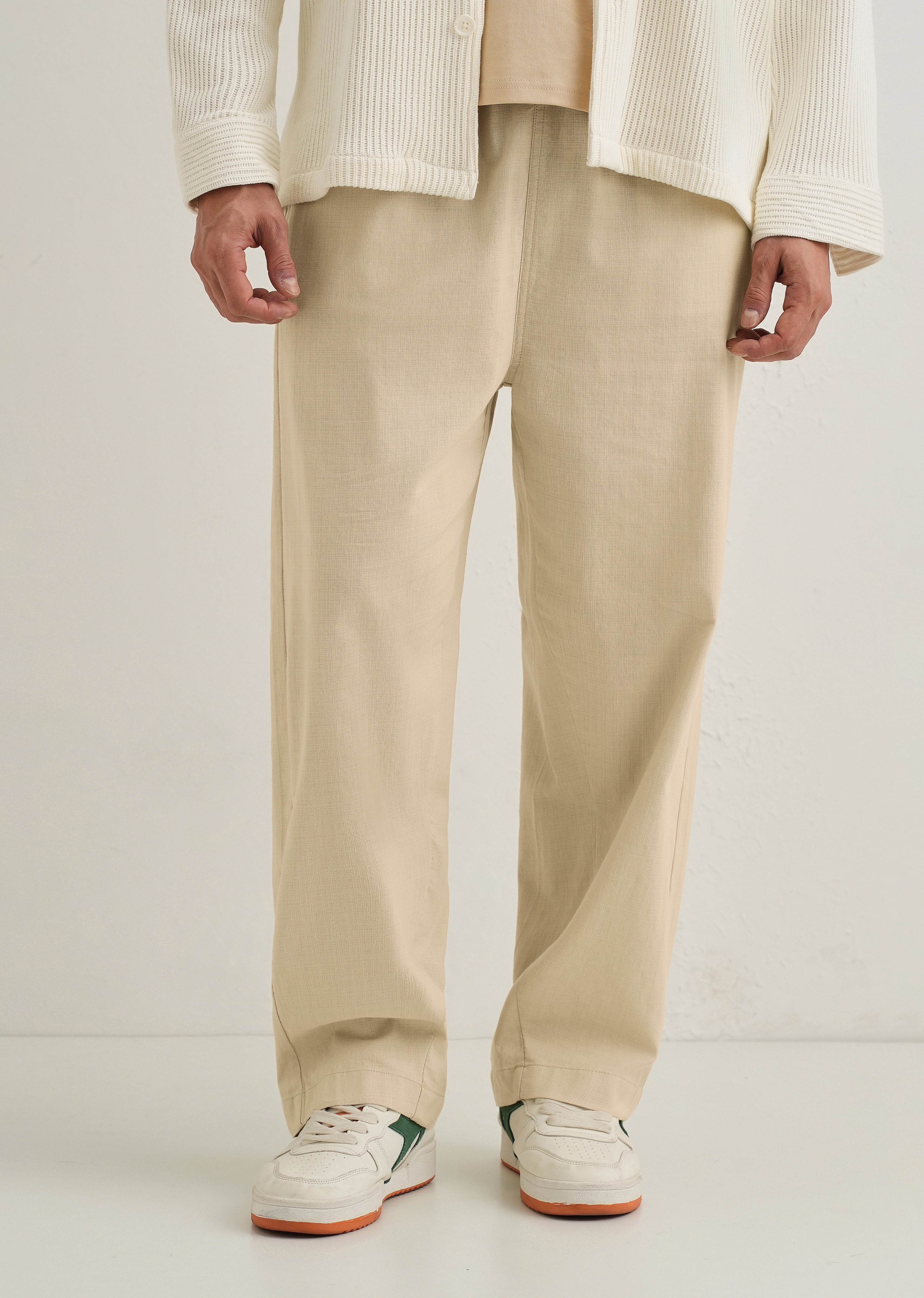 Beige Relaxed Fit Cotton Trouser