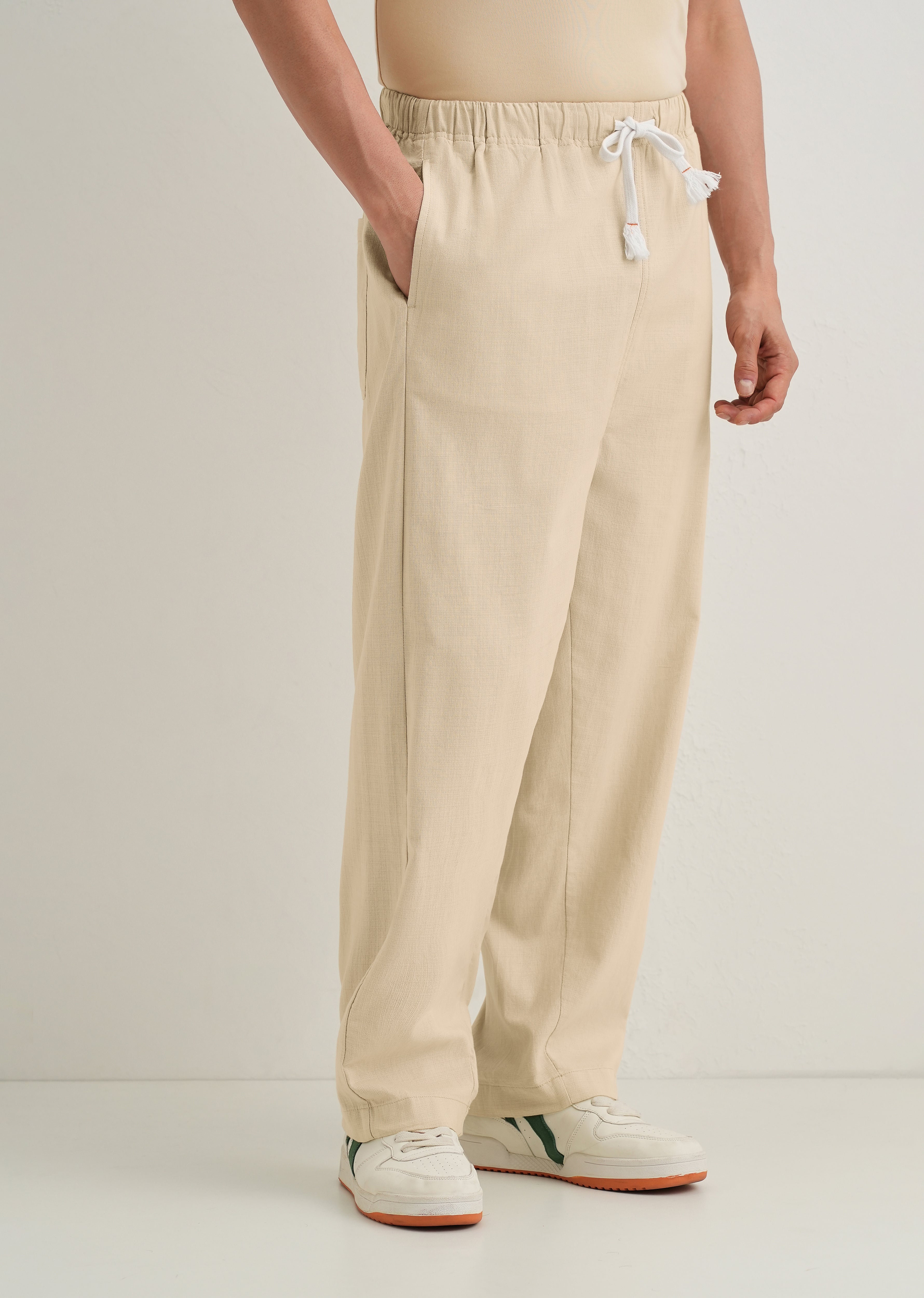 Beige Relaxed Fit Cotton Trouser