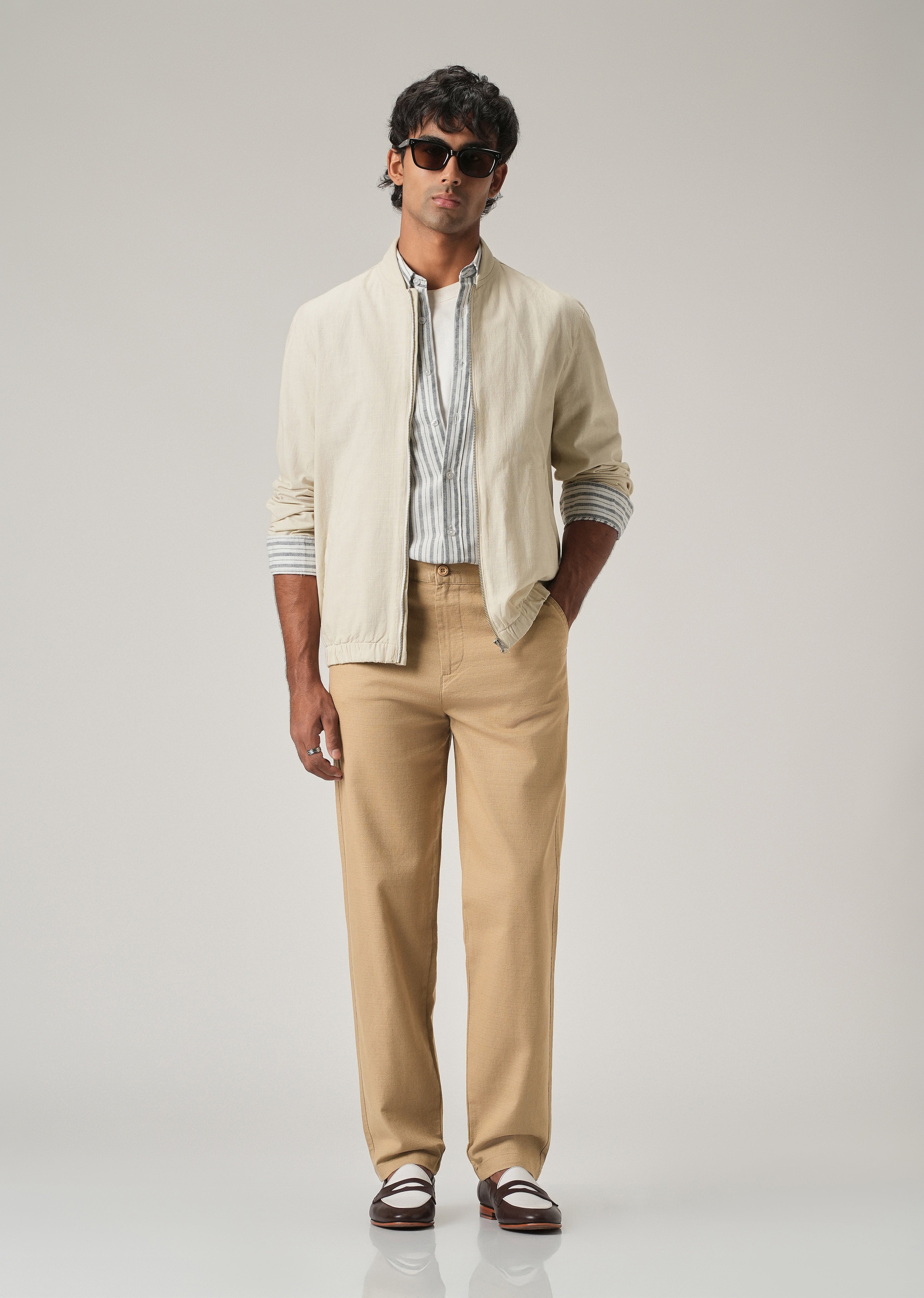Beige Linen-Look Cotton Trousers