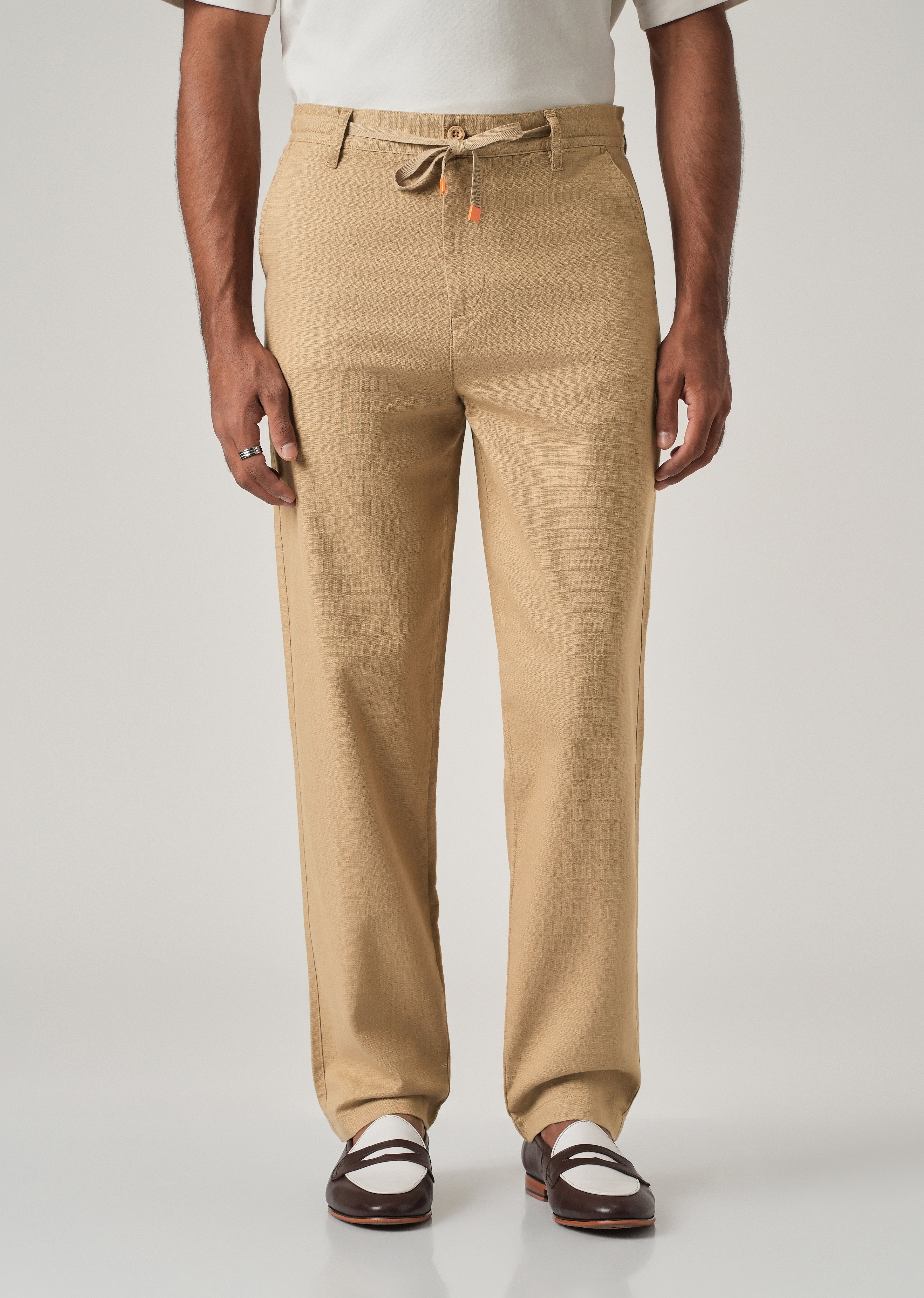 Beige Linen-Look Cotton Trousers