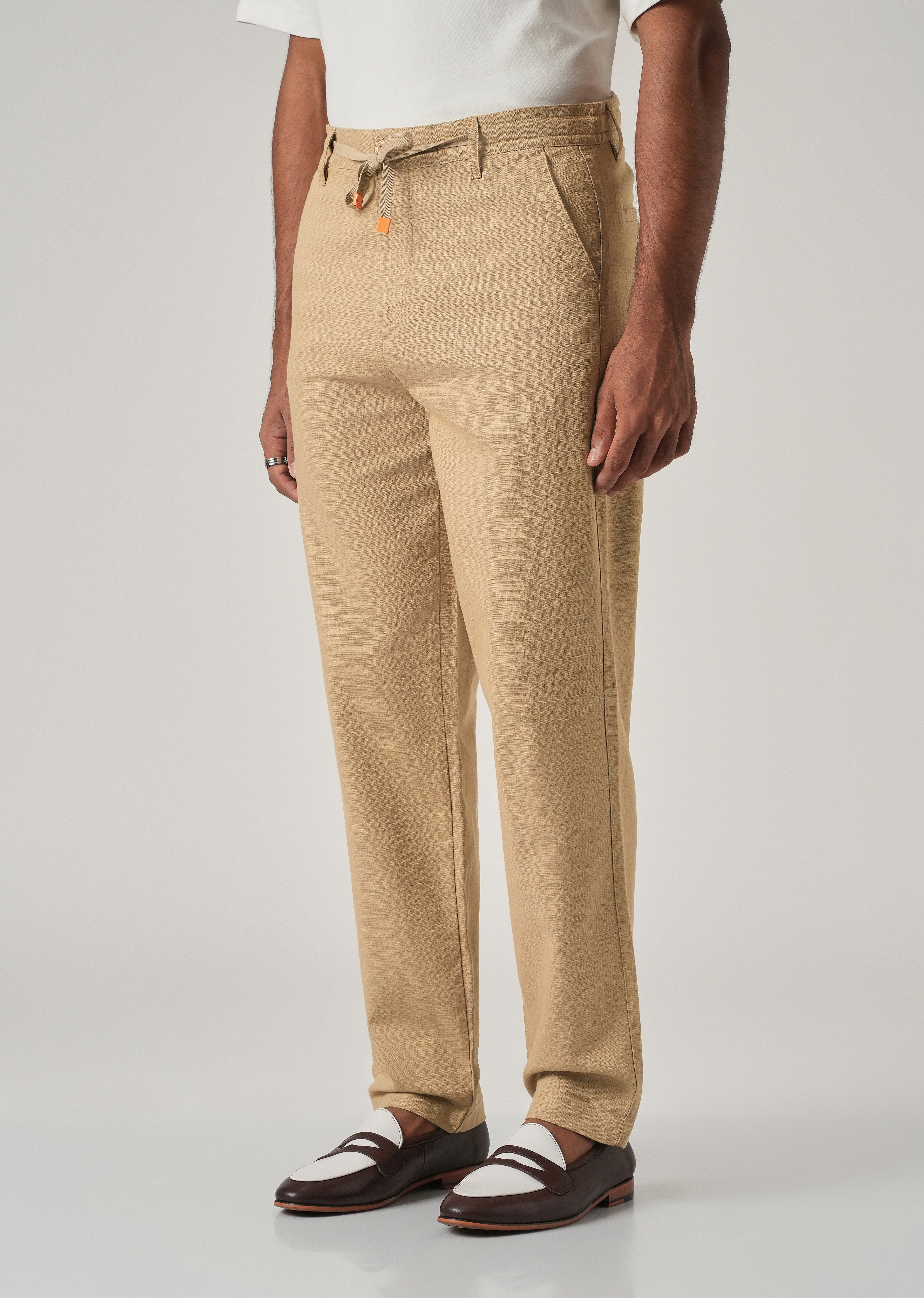 Beige Linen-Look Cotton Trousers