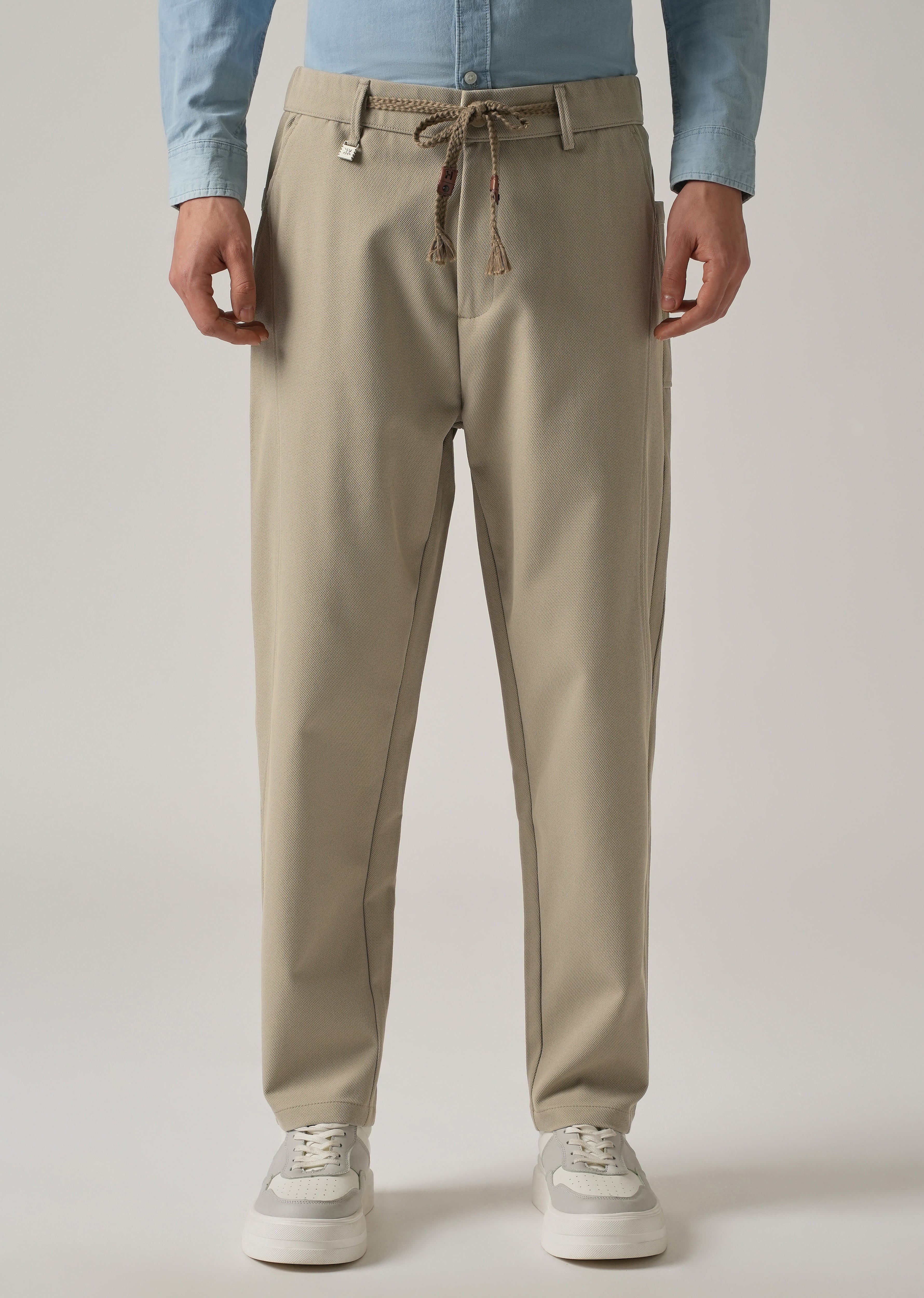 Beige Relaxed Fit Tie Waist Pant