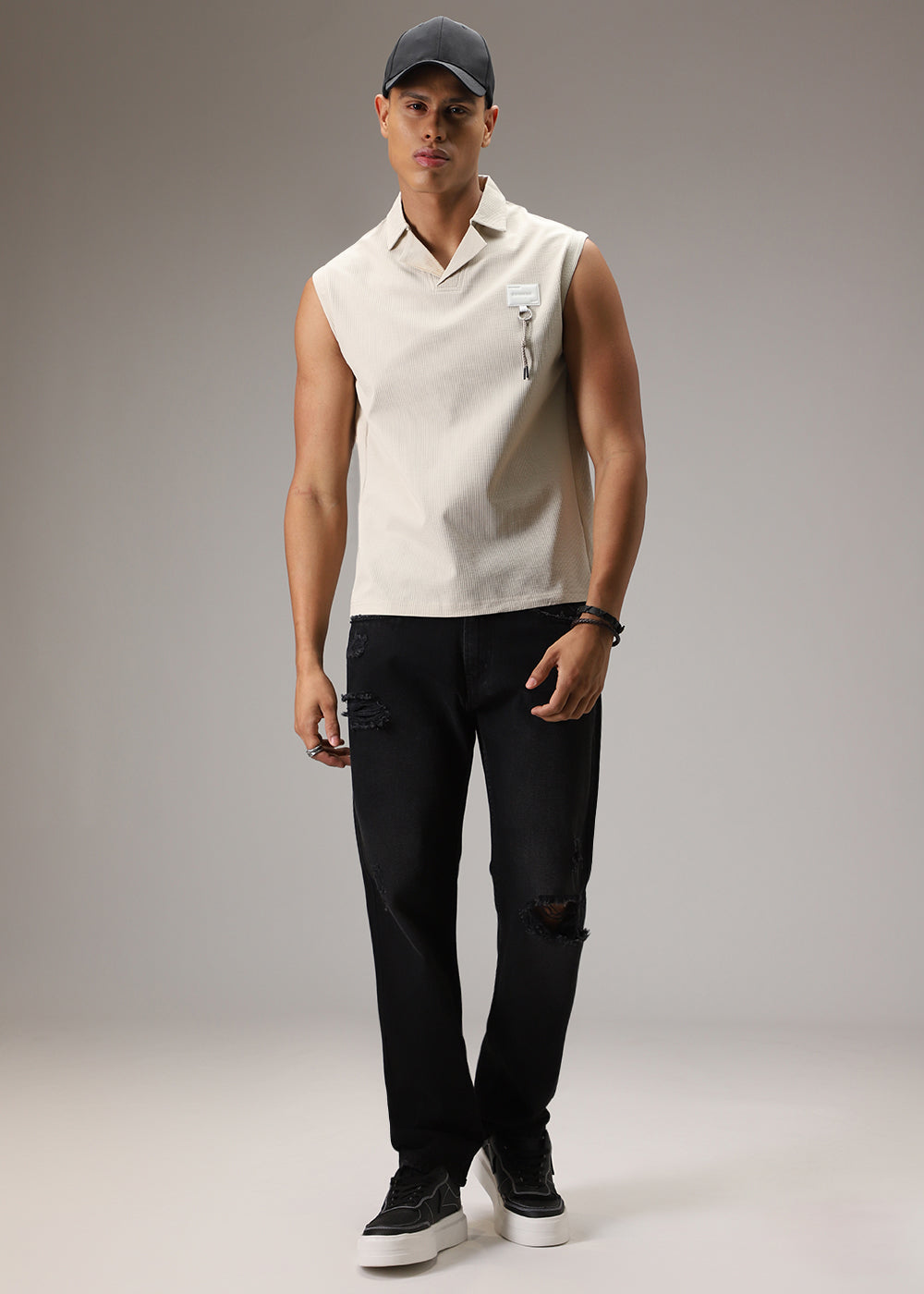 Beige Ribbed Polo Tank