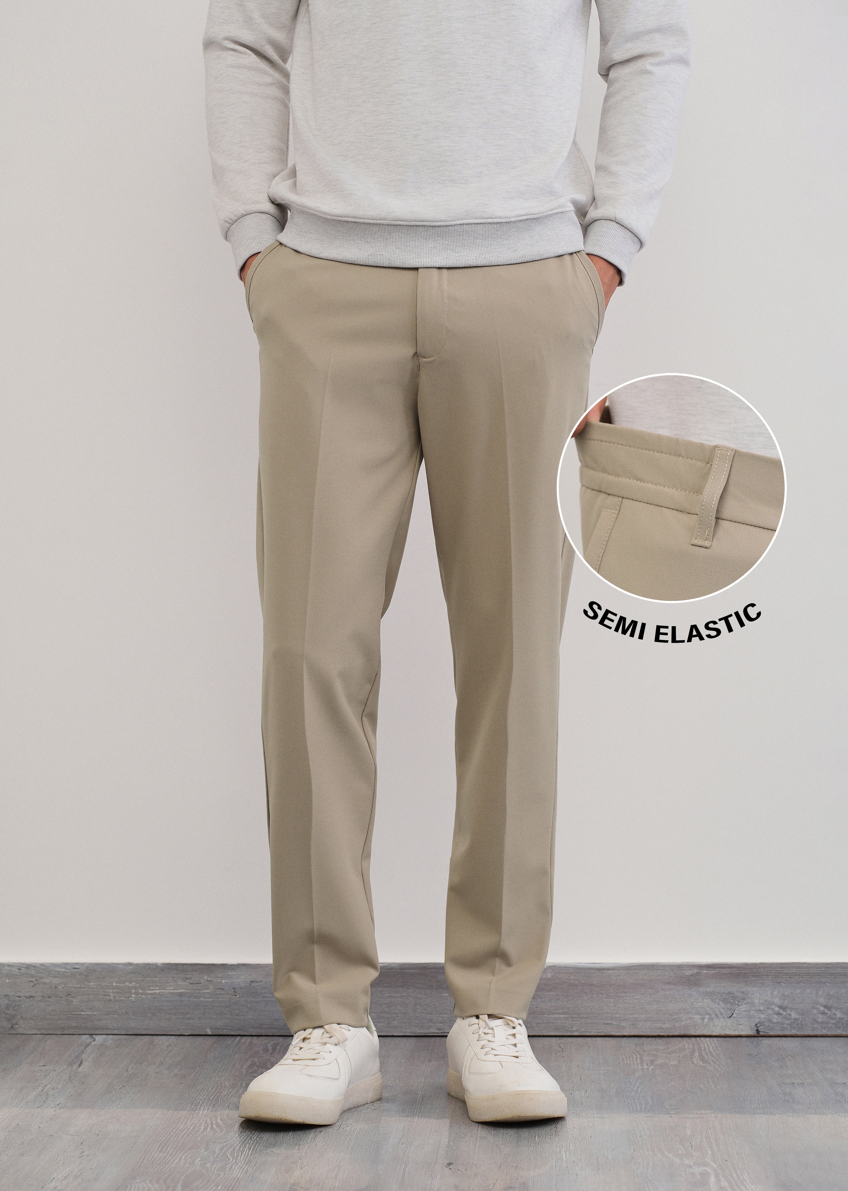Beige Semi-Elastic Slim Fit Trouser
