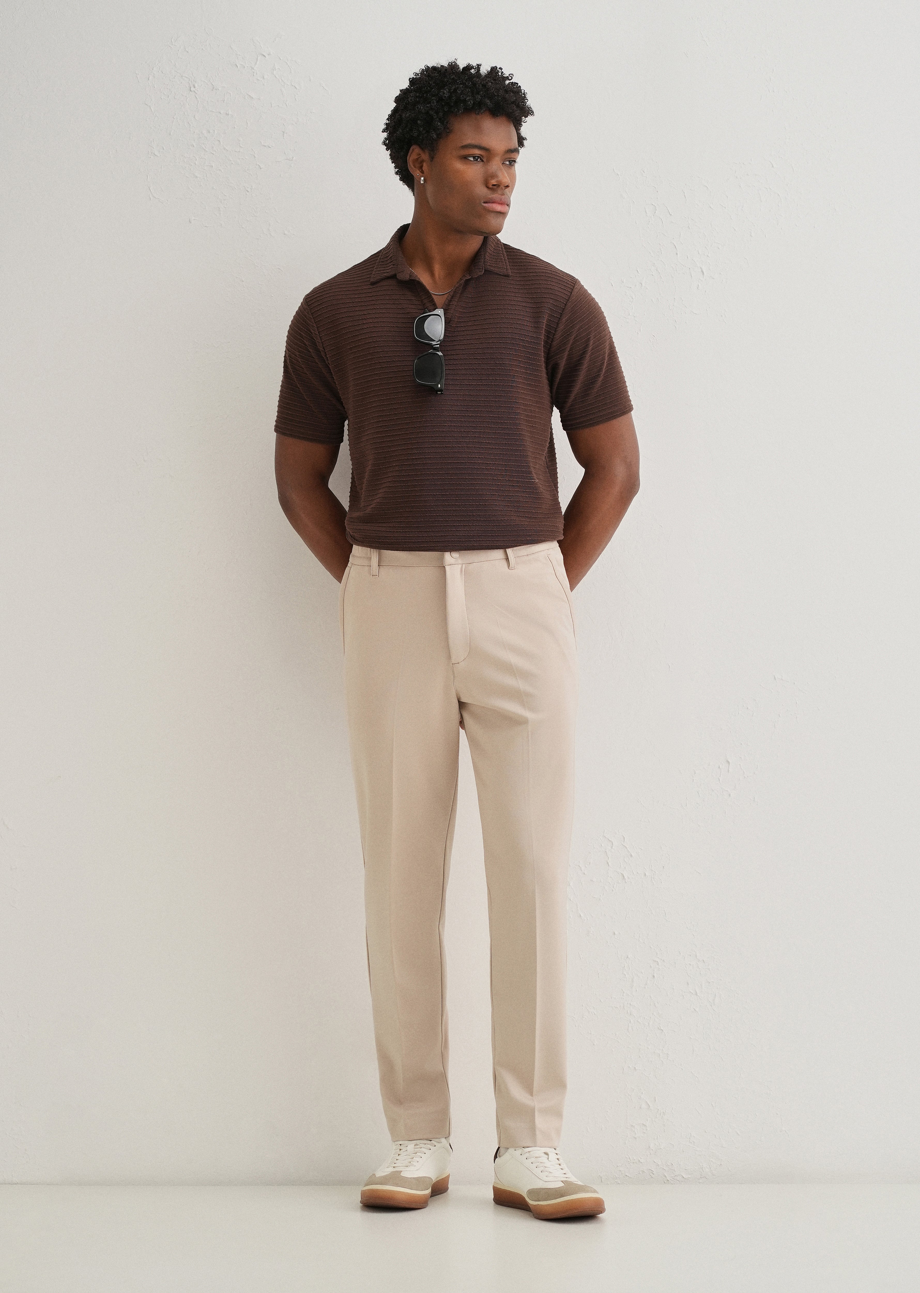 Beige Semi Elasticated Slim Fit Trouser