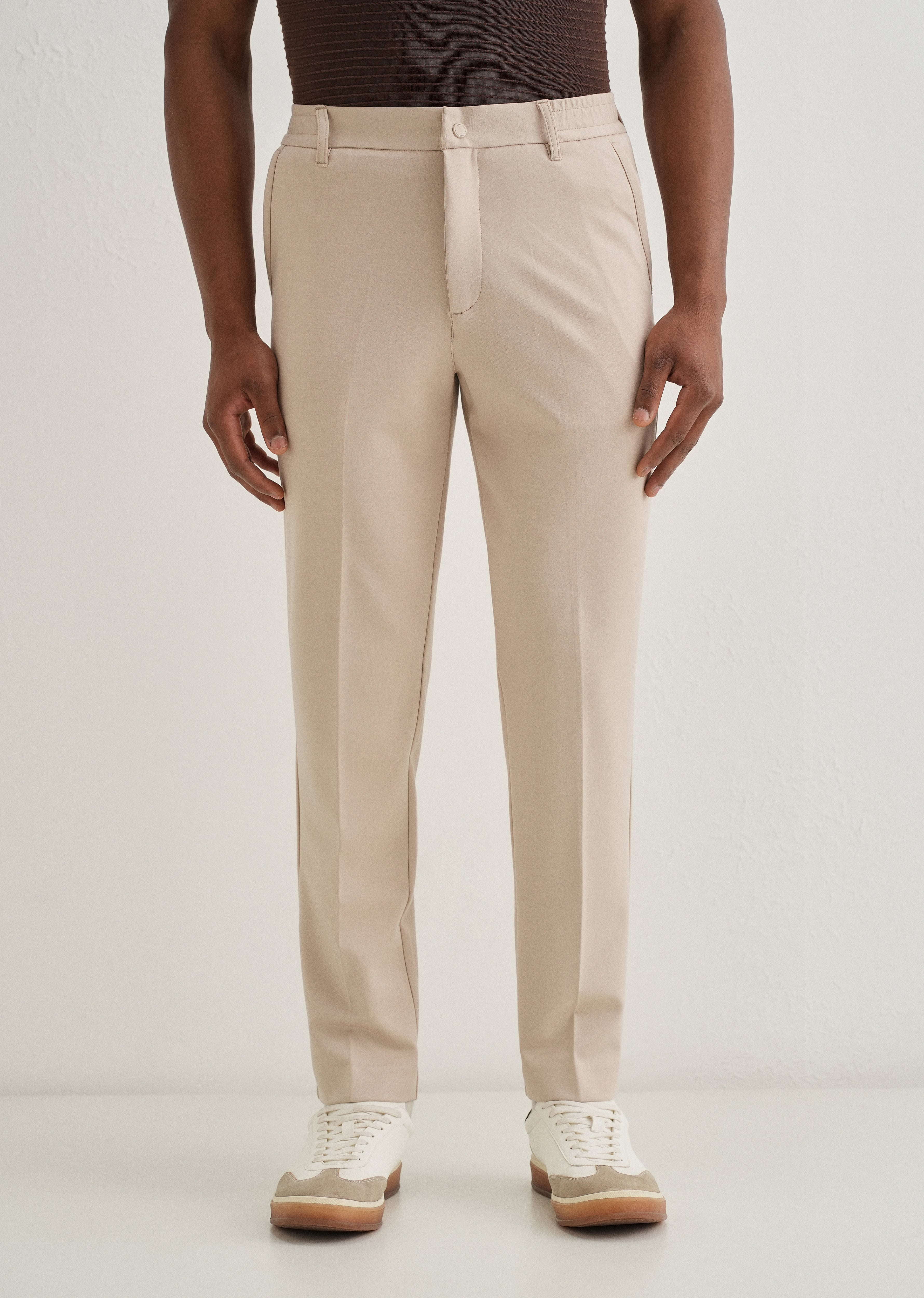 Beige Semi Elasticated Slim Fit Trouser