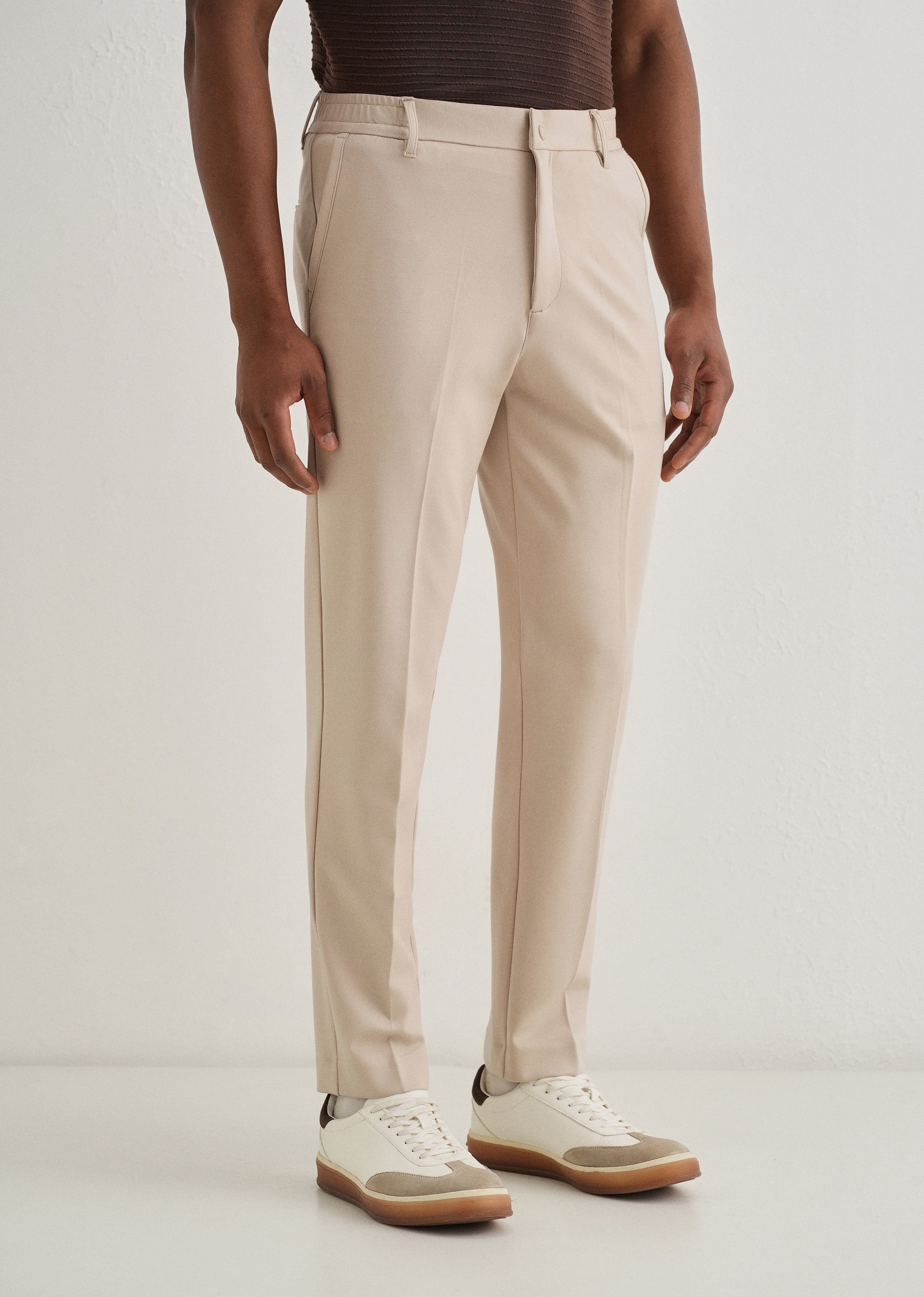 Beige Semi Elasticated Slim Fit Trouser
