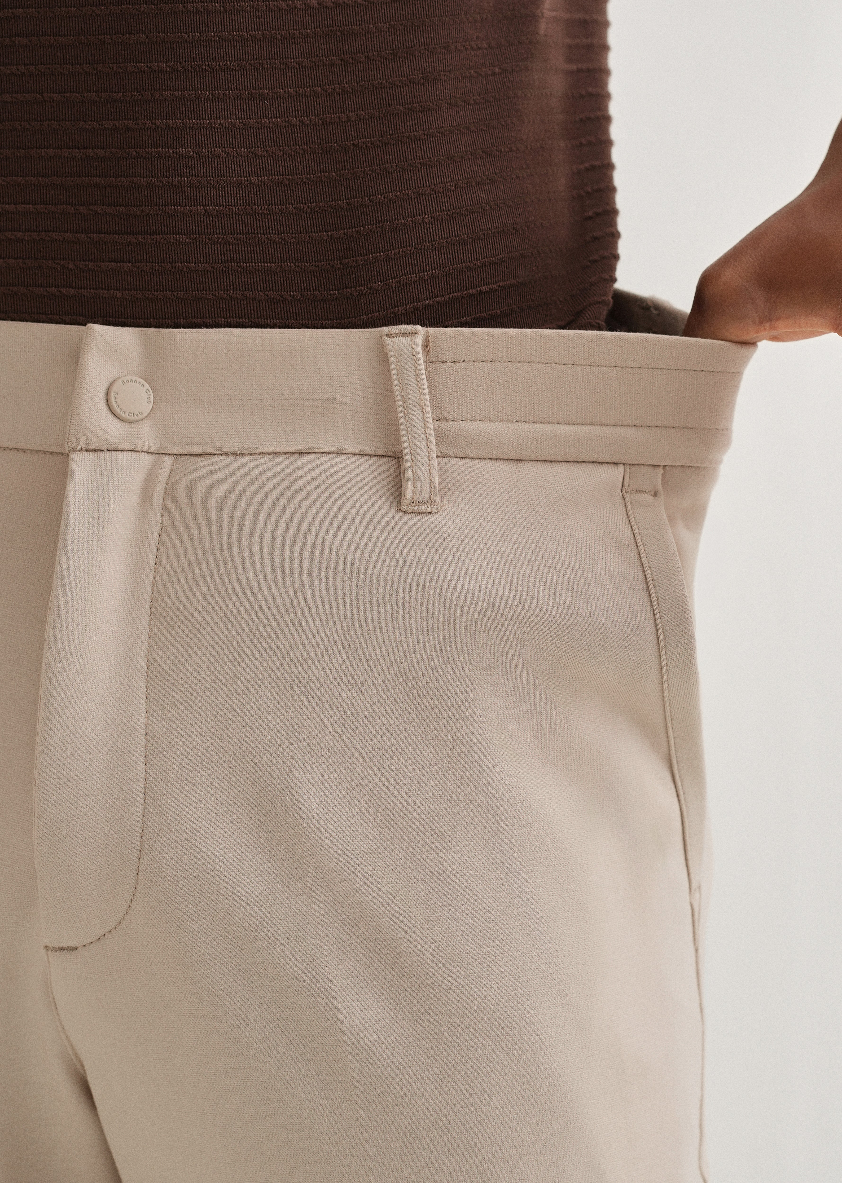 Beige Semi Elasticated Slim Fit Trouser