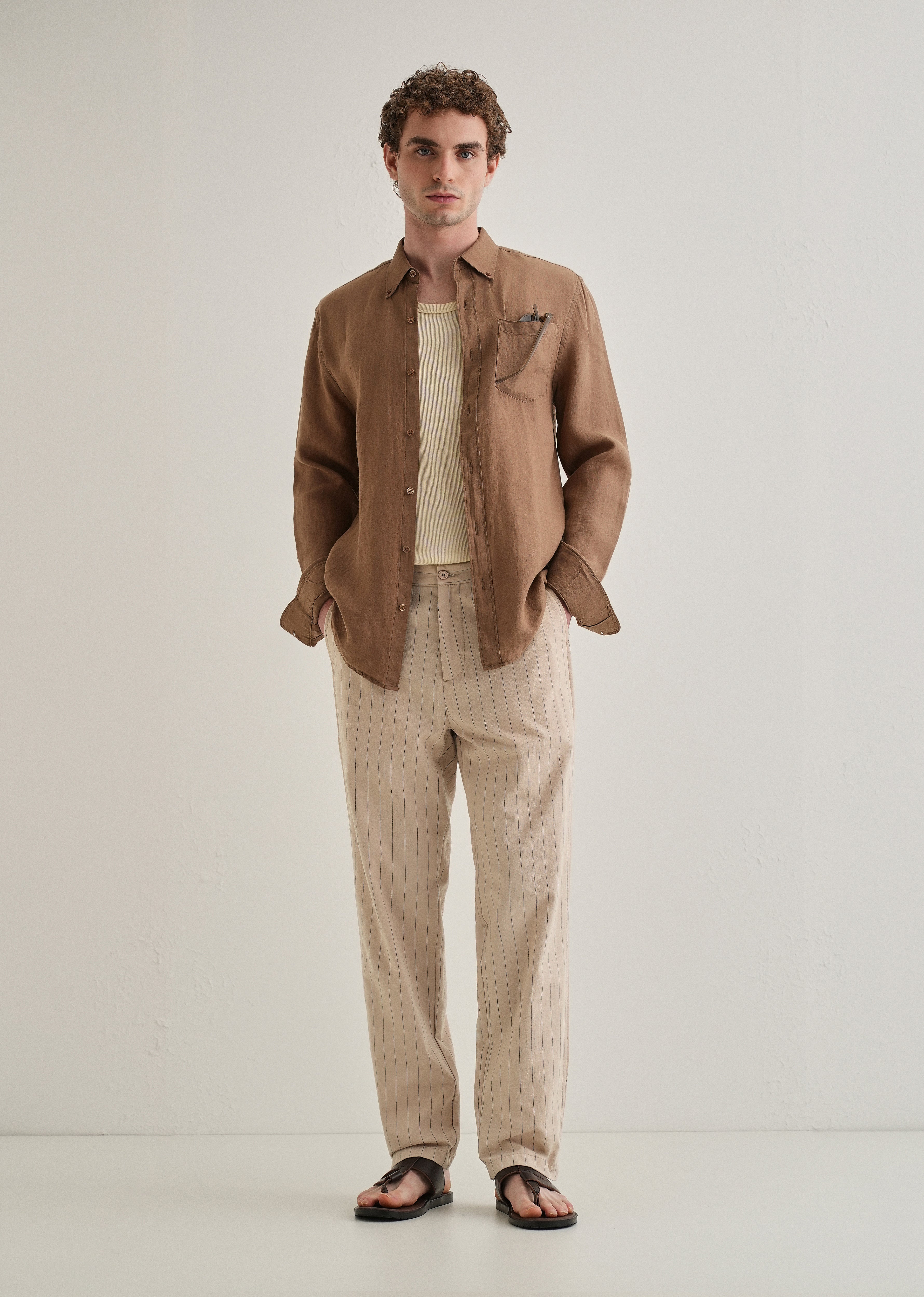 Beige Stripe Relaxed Linen Trouser
