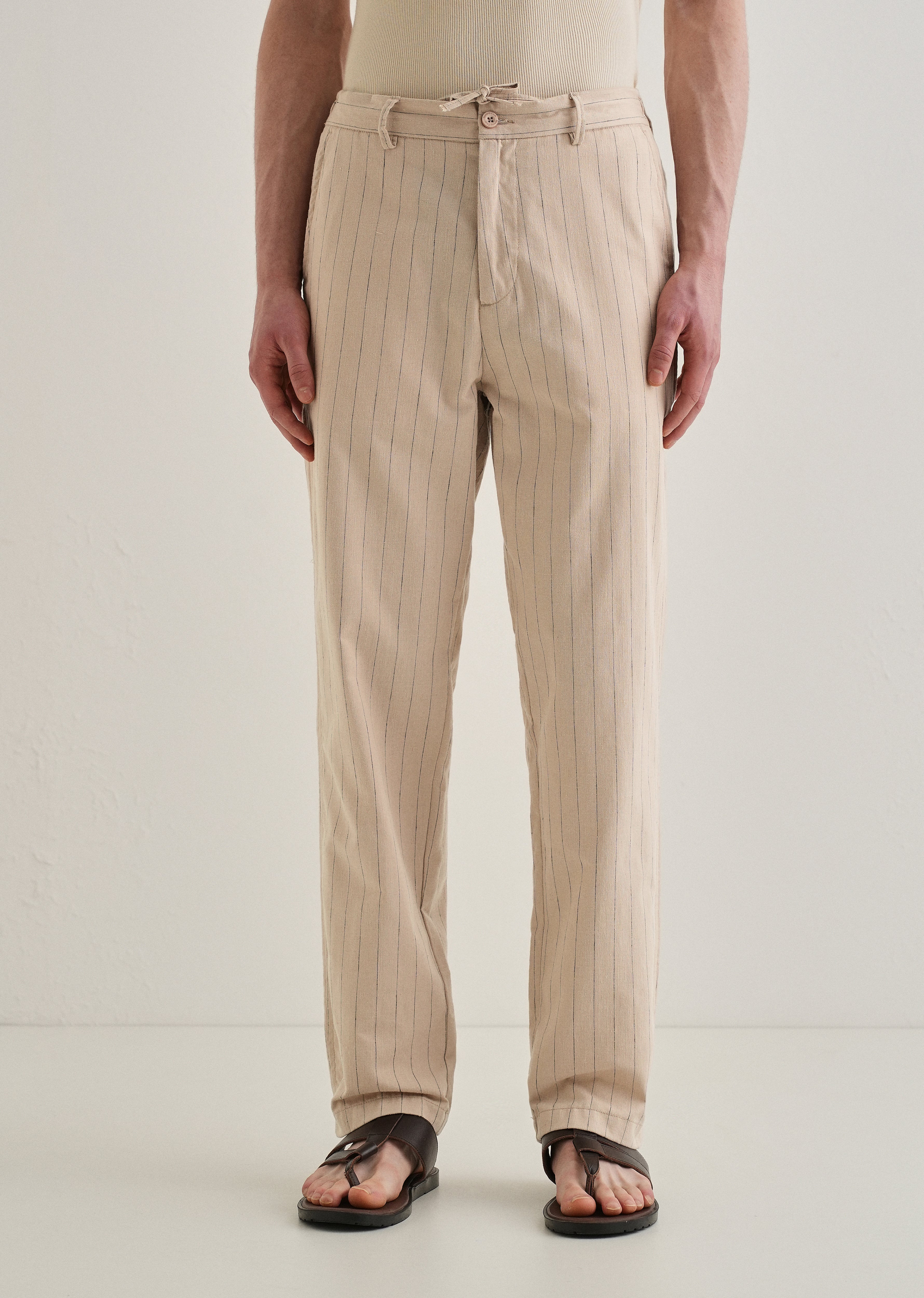 Beige Stripe Relaxed Linen Trouser