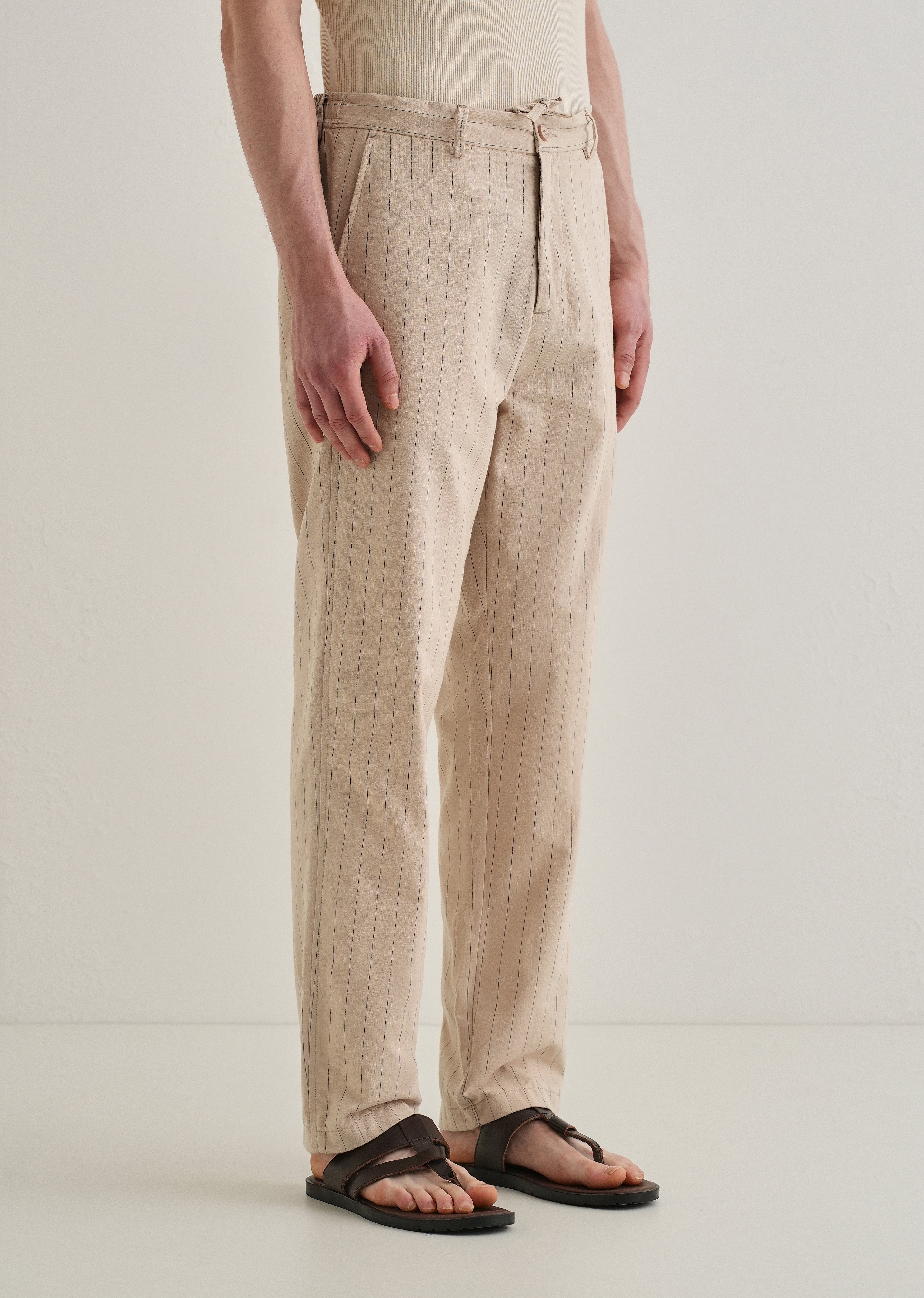 Beige Stripe Relaxed Linen Trouser