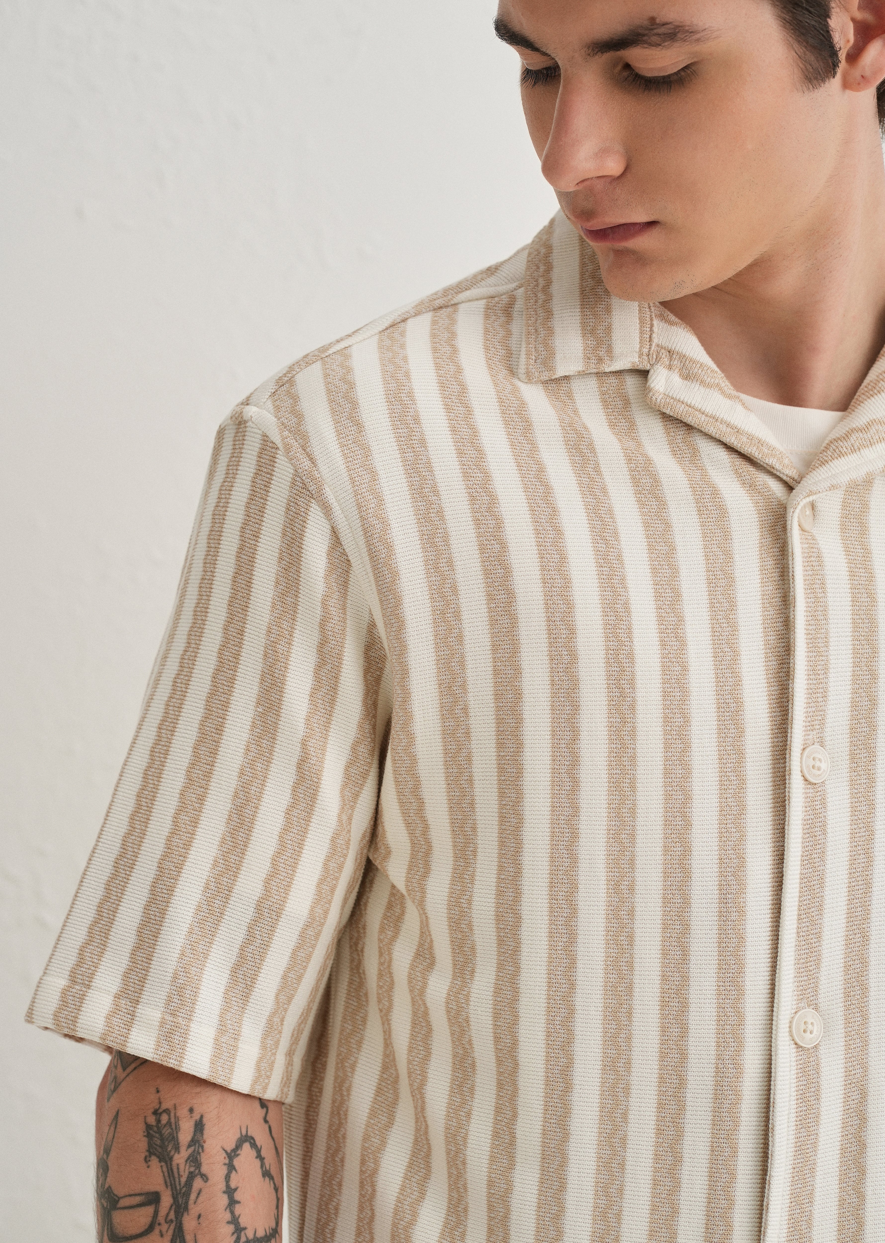 Beige Striped Knit Cuban Collar Shirt