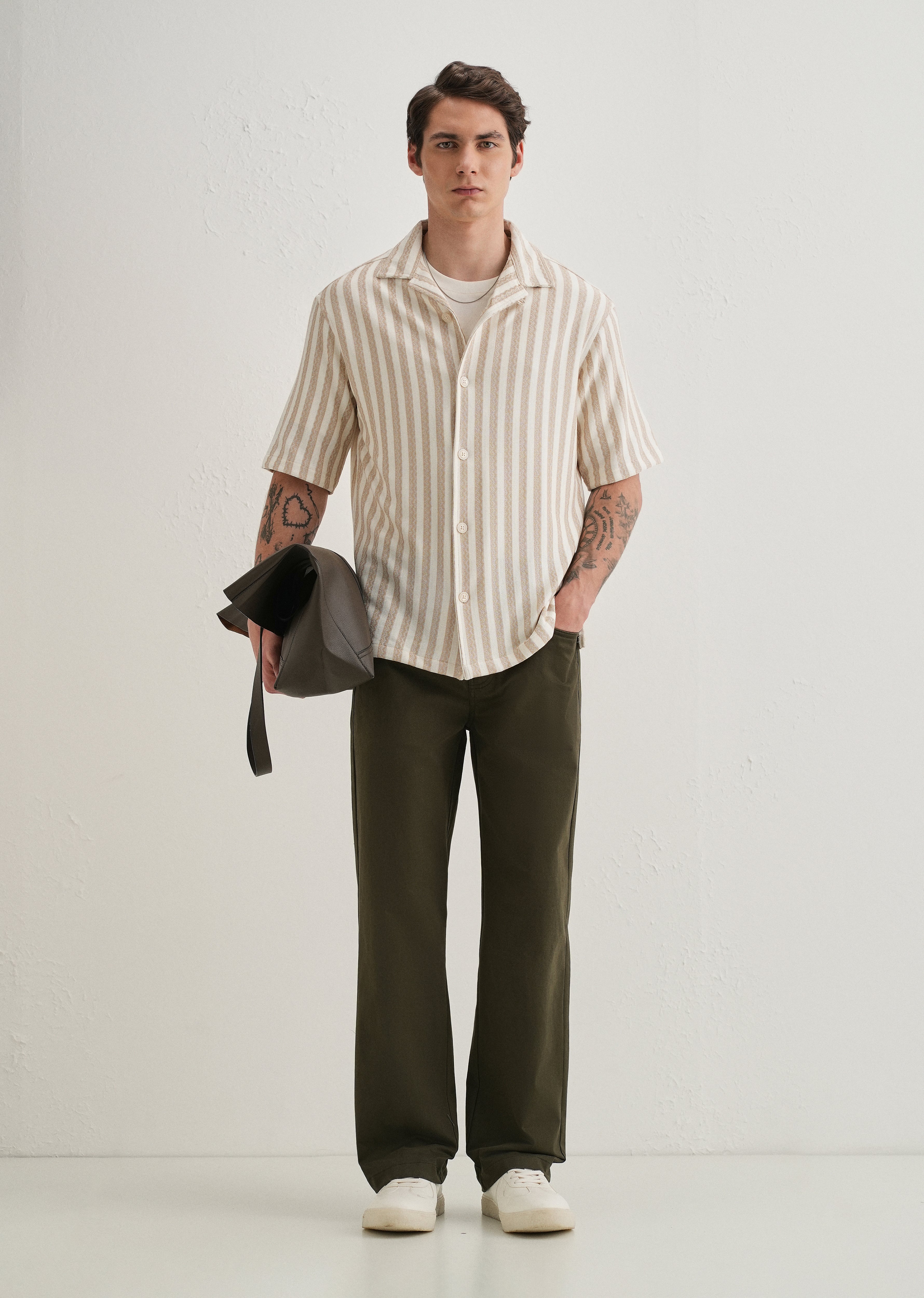 Beige Striped Knit Cuban Collar Shirt