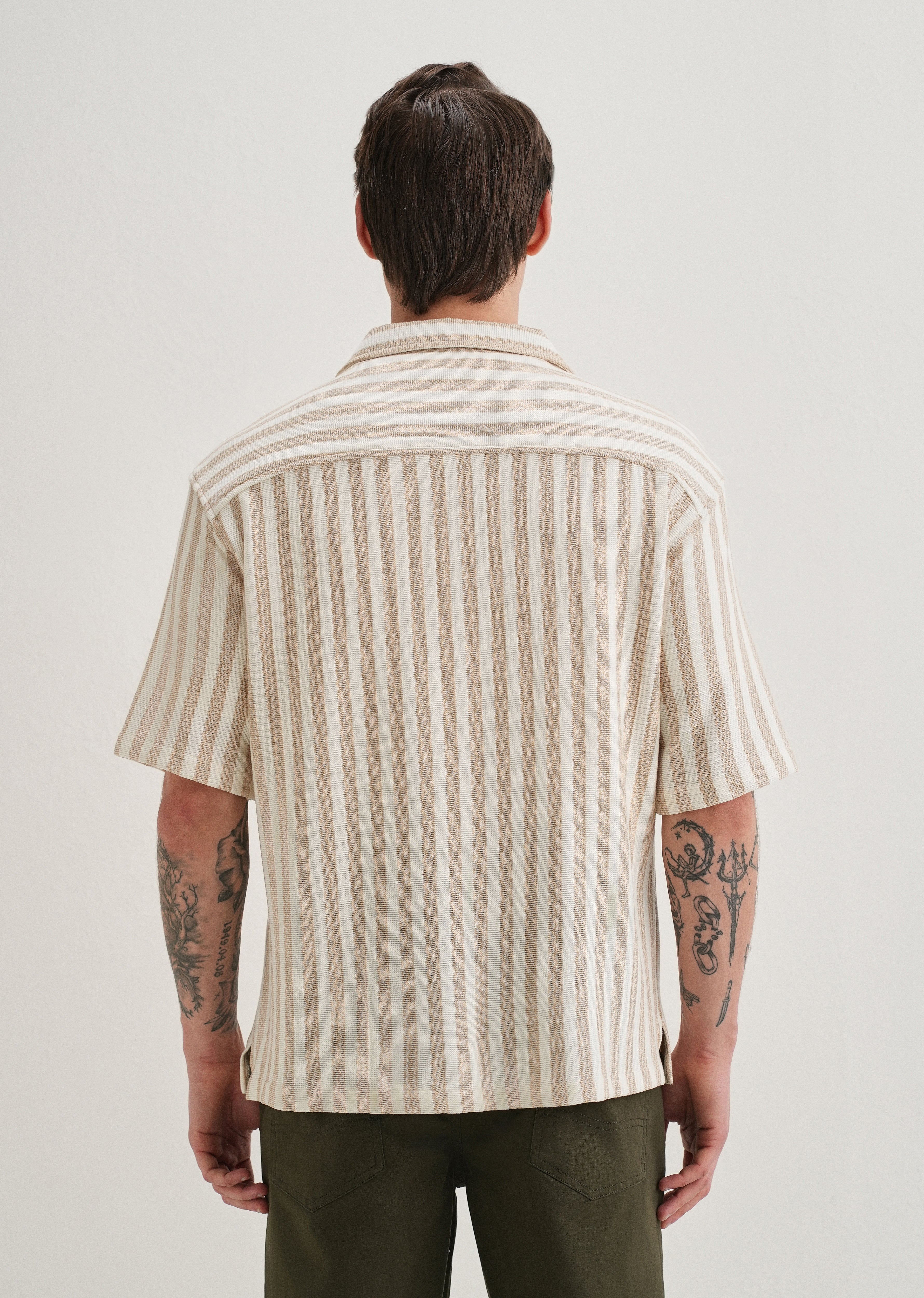 Beige Striped Knit Cuban Collar Shirt