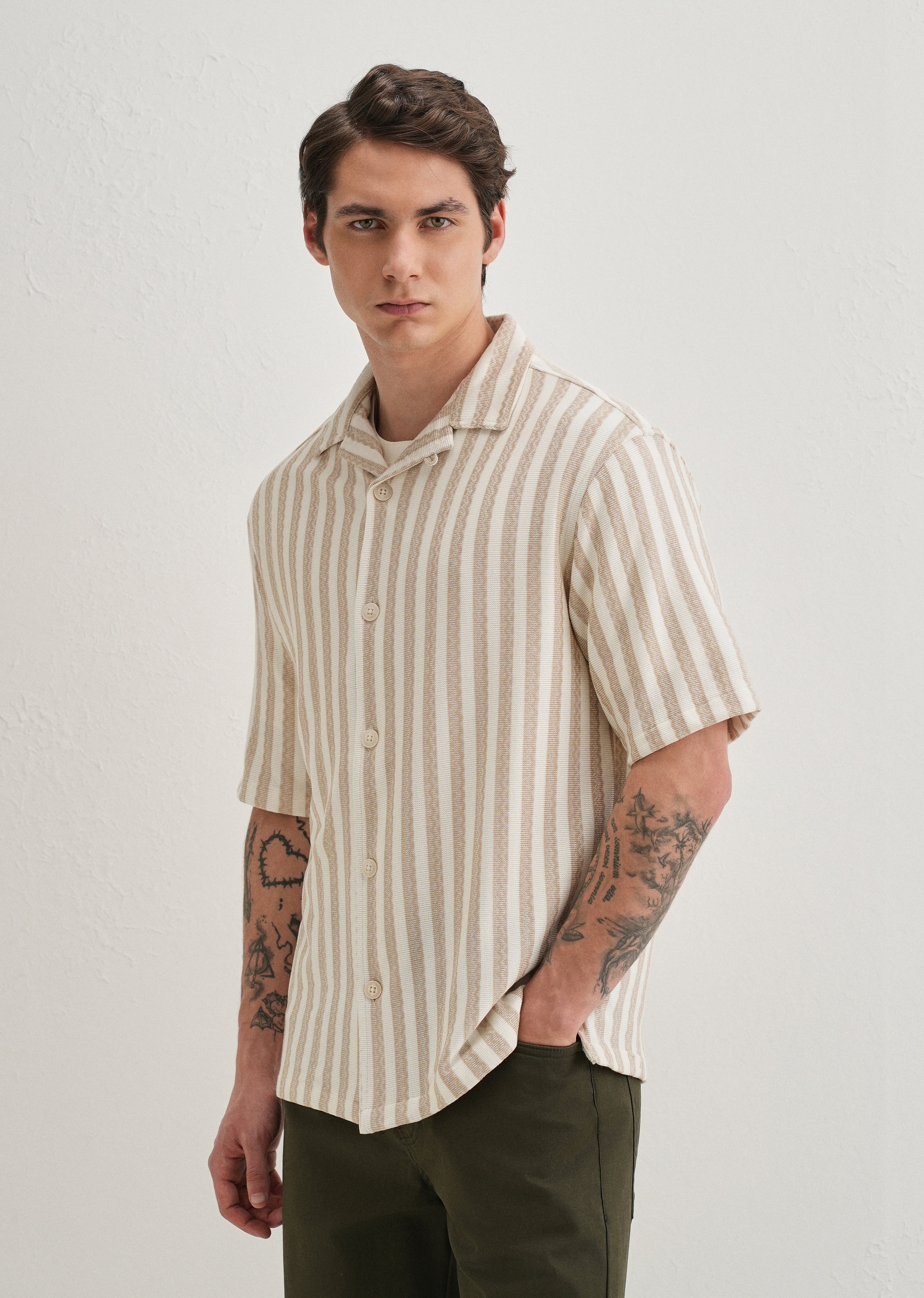 Beige Striped Knit Cuban Collar Shirt