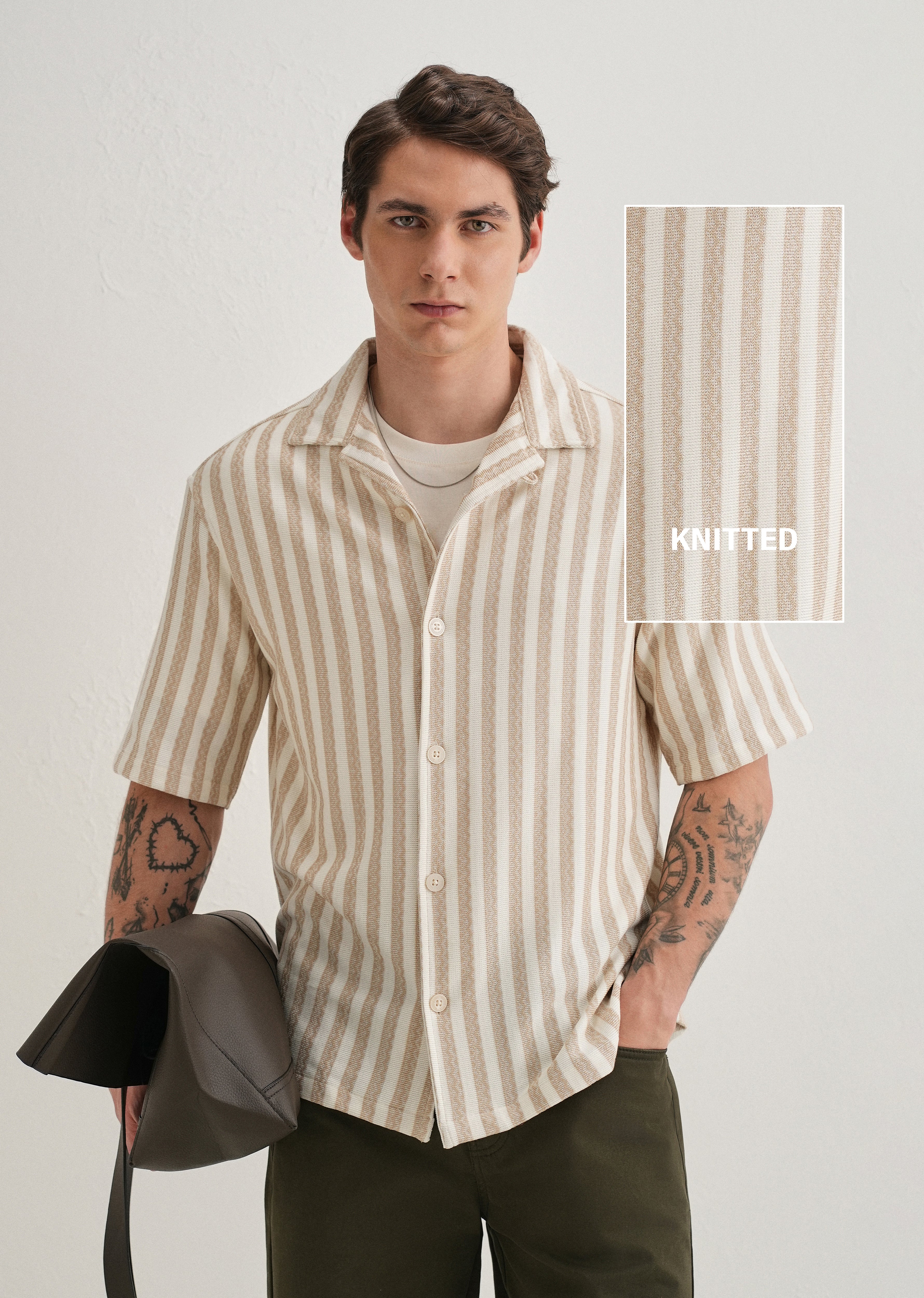 Beige Striped Knit Cuban Collar Shirt