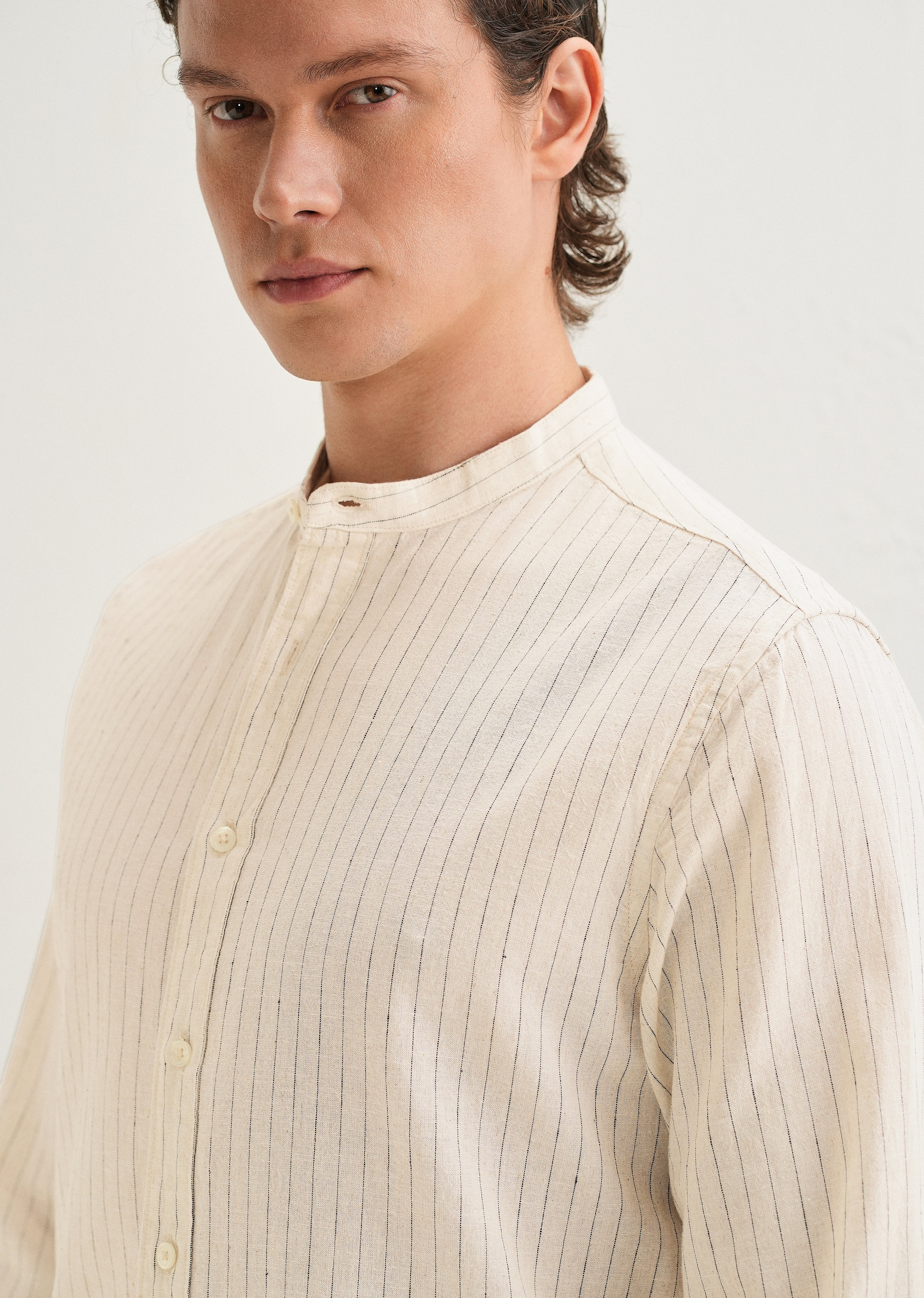 Beige Striped Mandarin Collar Cotton Shirt