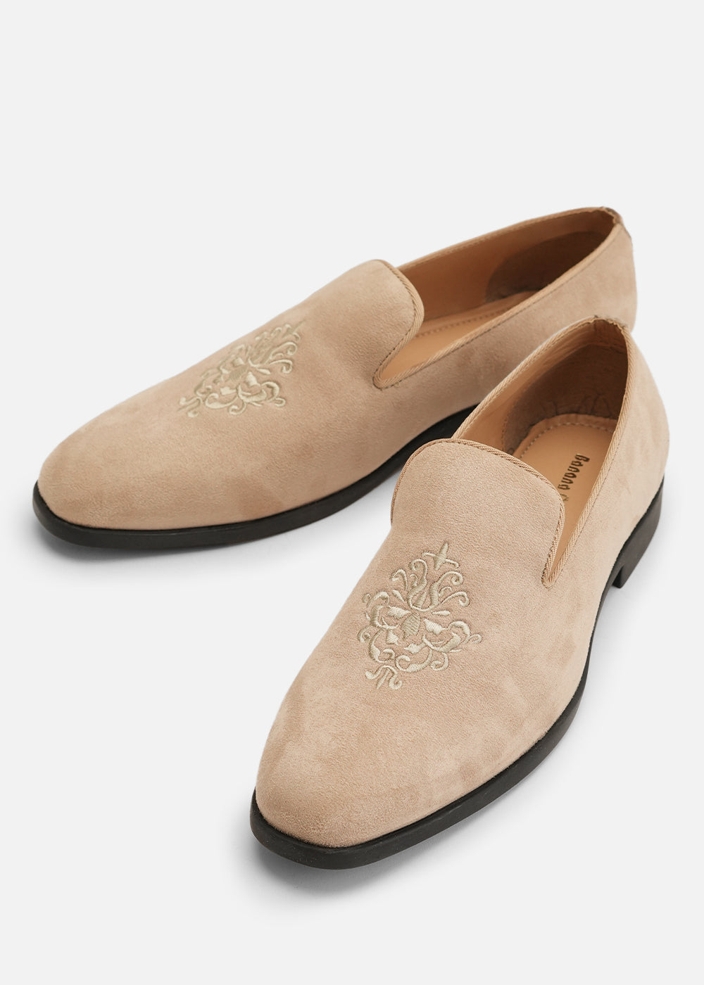 Beige Suede Embroidered Loafers