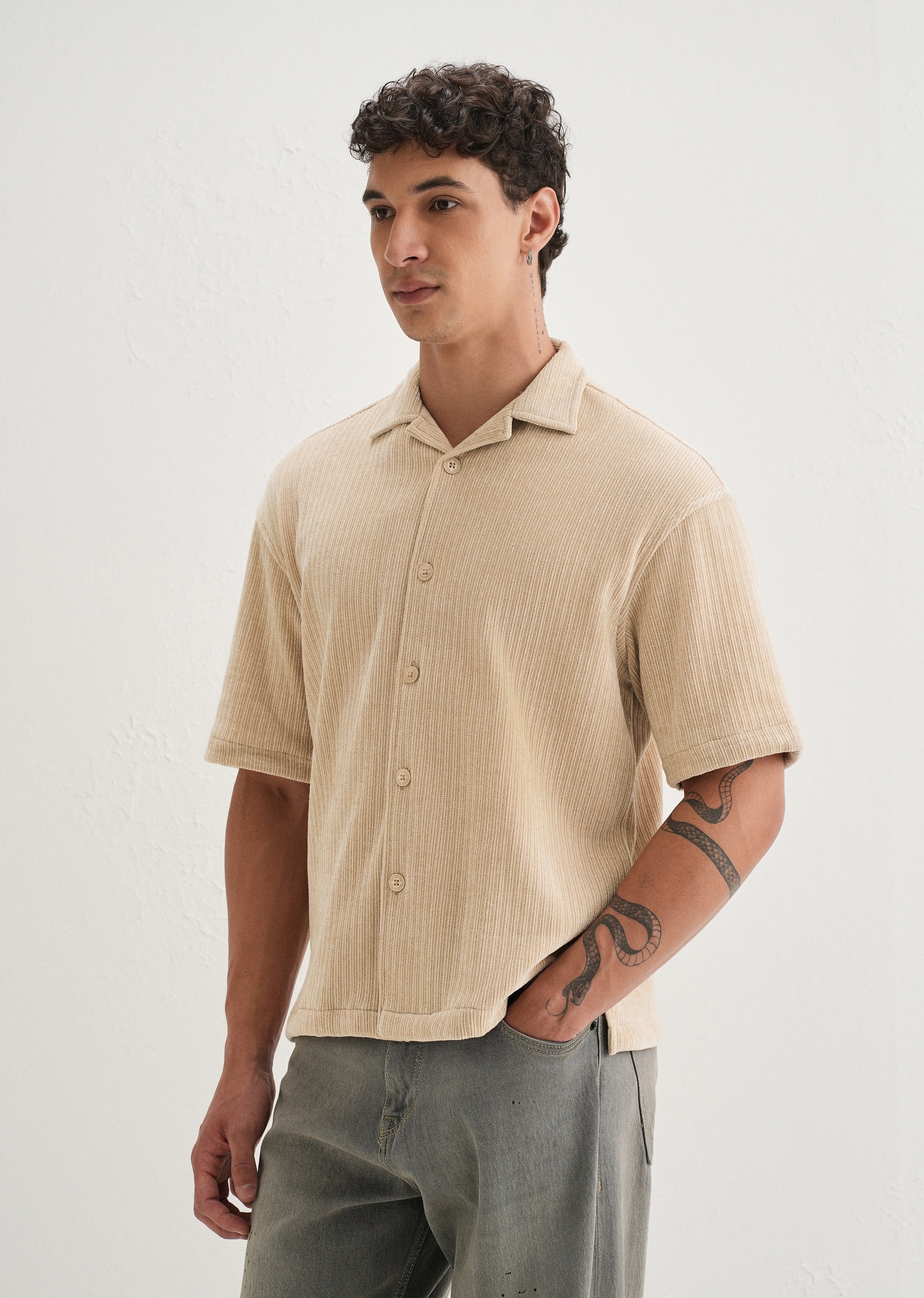 Beige Suede Knit Half Sleeve Shirt