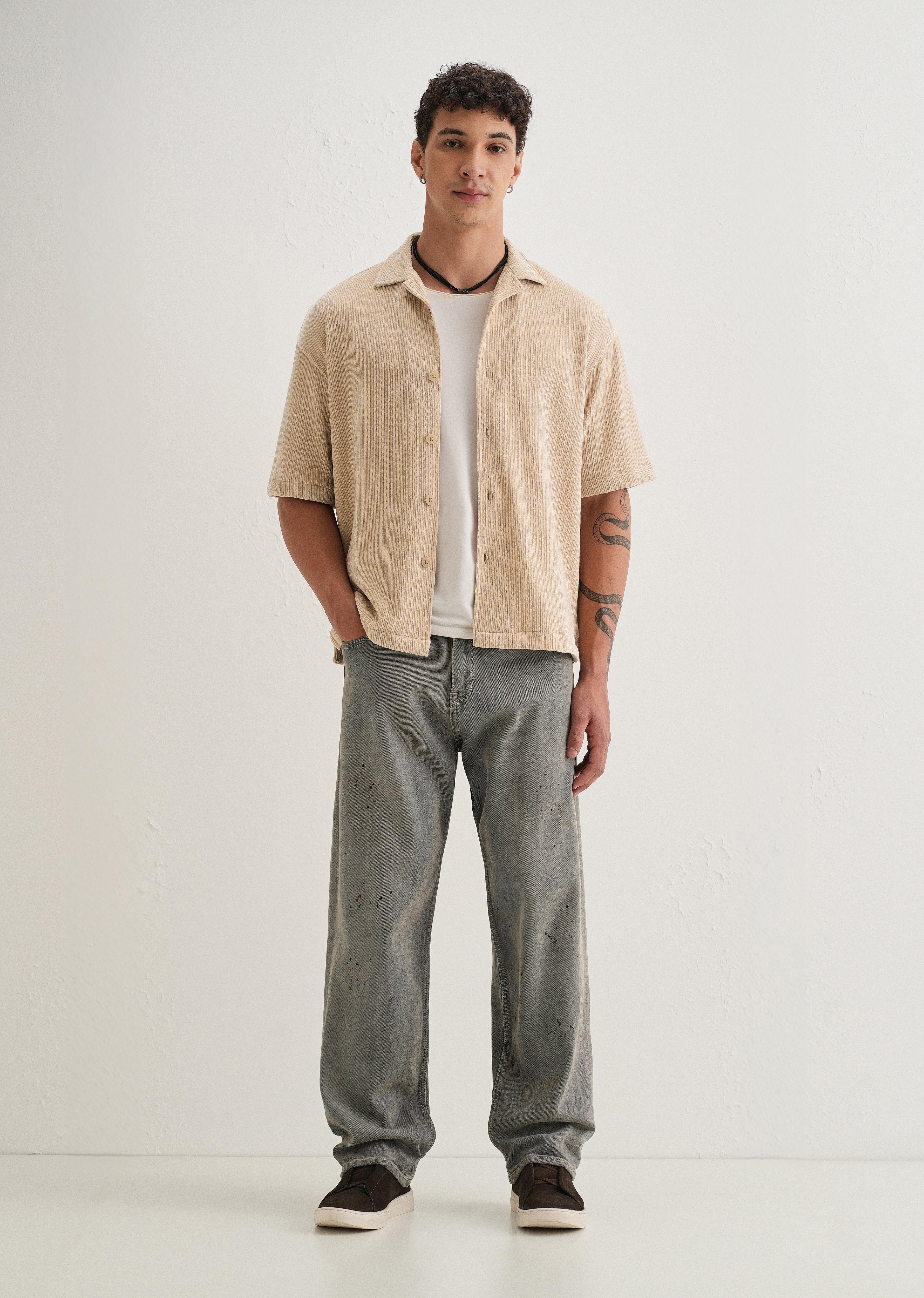 Beige Suede Knit Half Sleeve Shirt