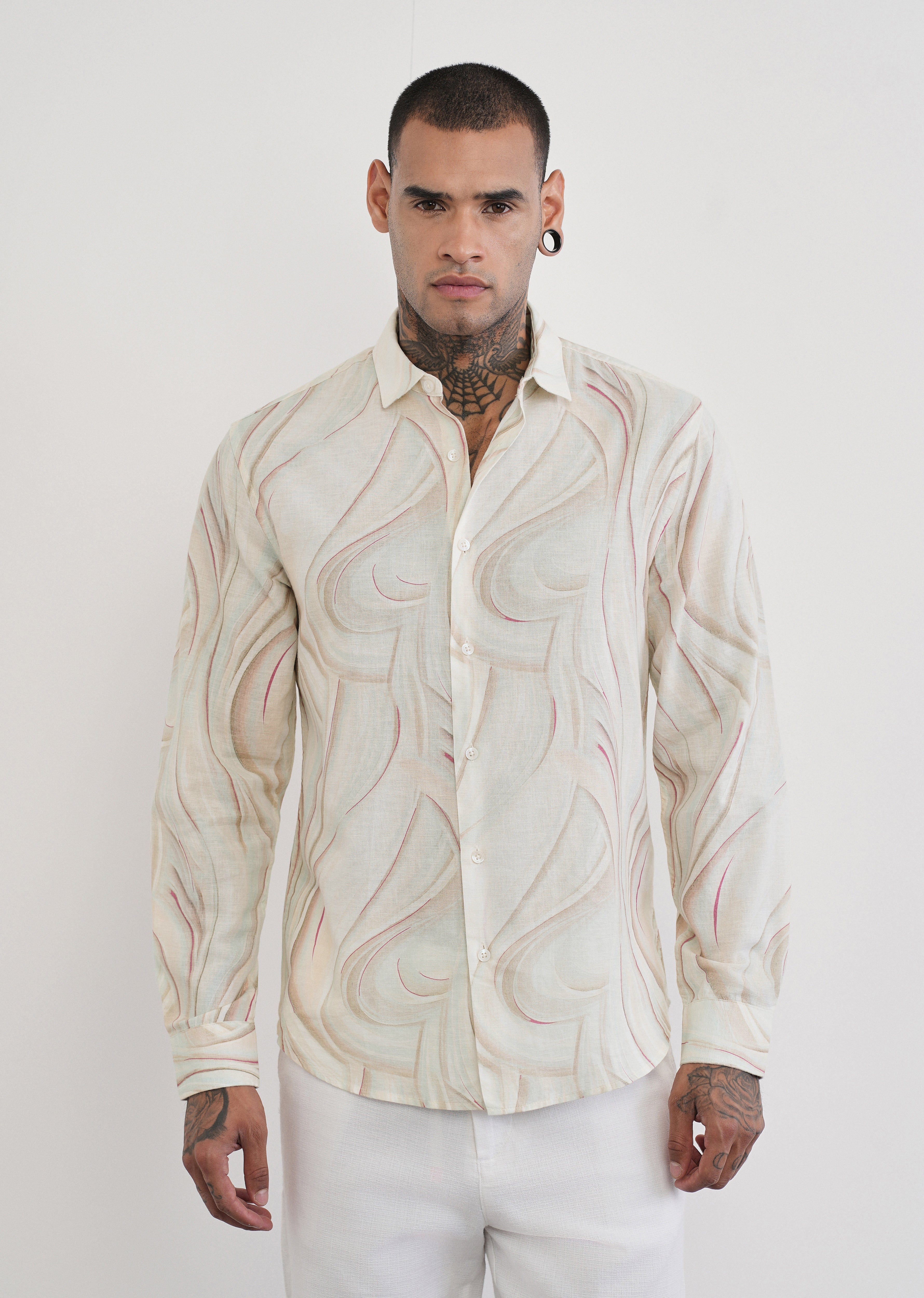 Beige Swirl Print Cotton Linen Shirt