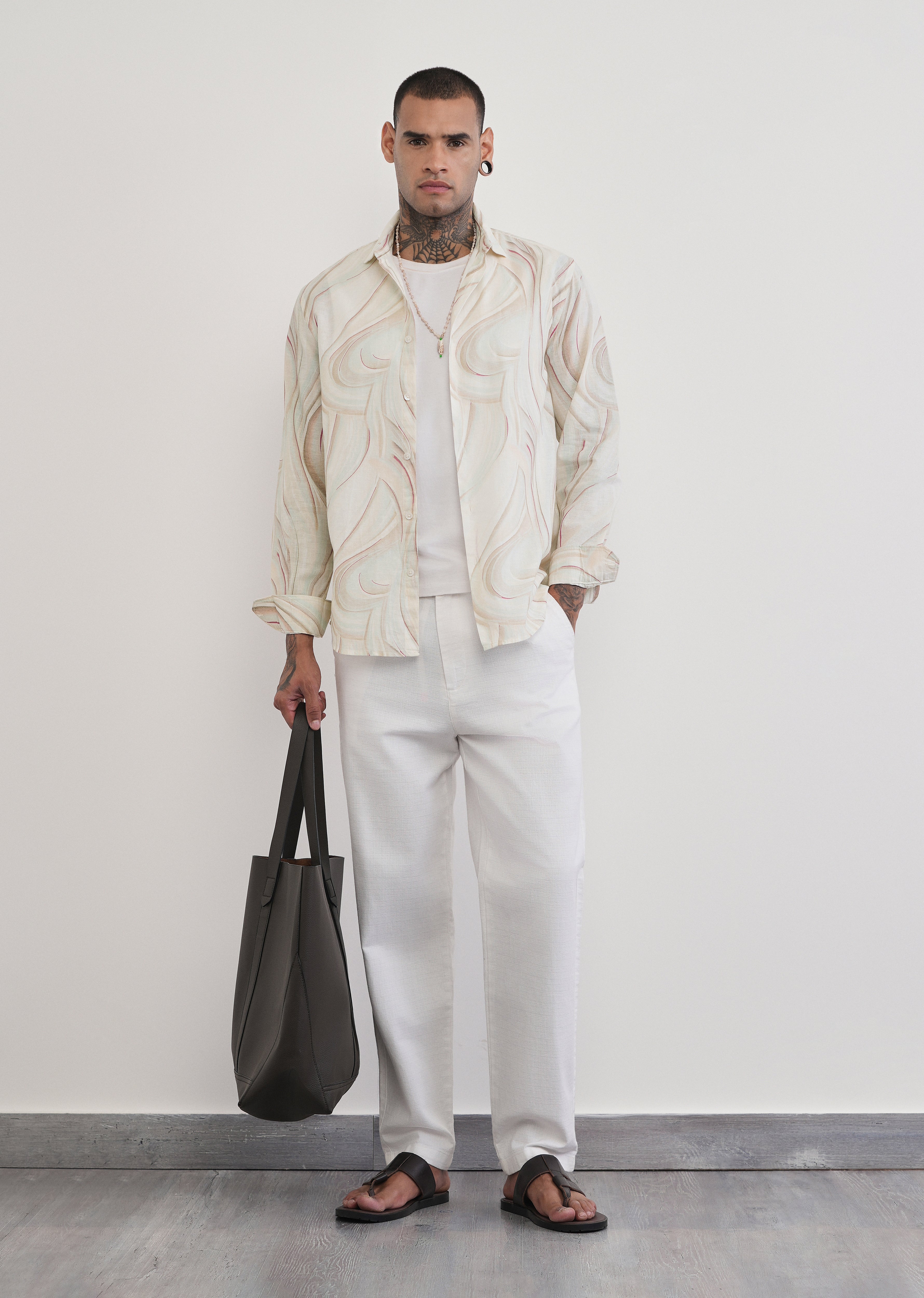 Beige Swirl Print Cotton Linen Shirt