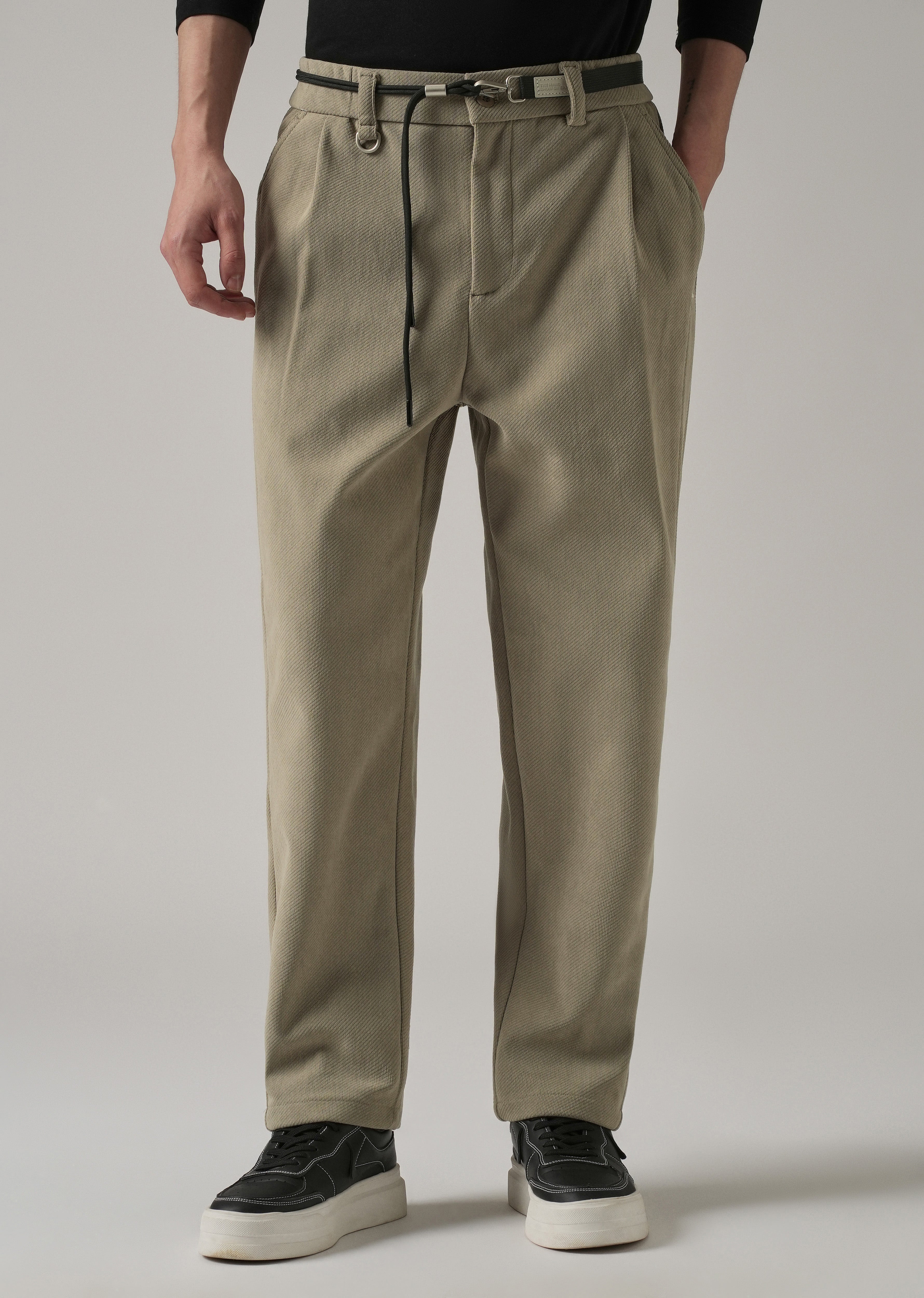 Beige Textured Corduroy Belt Pant
